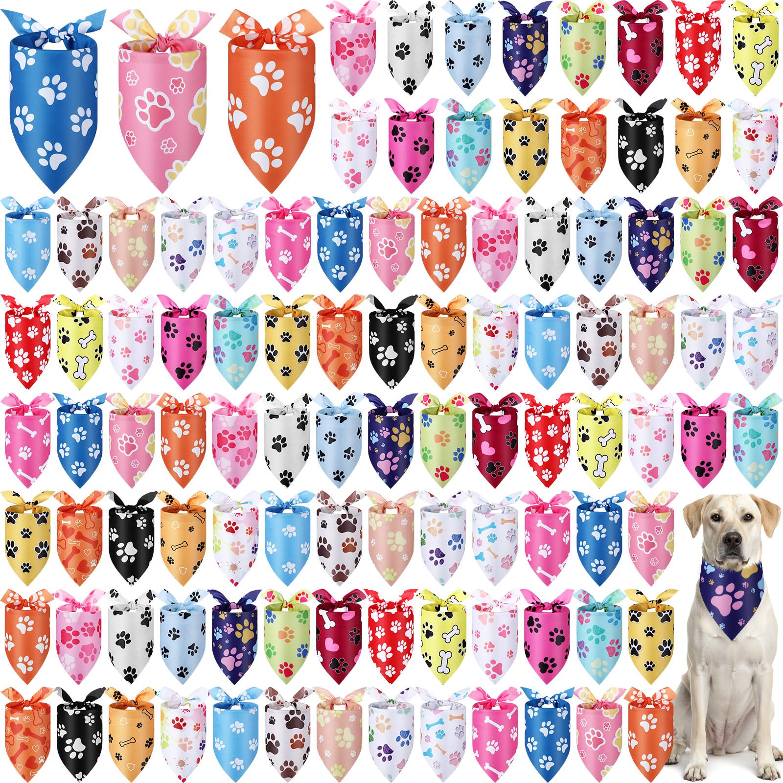 Abbylike 100 Pcs Paw Print Dog Bandanas Bulk, National Dog Day Paw & Bone