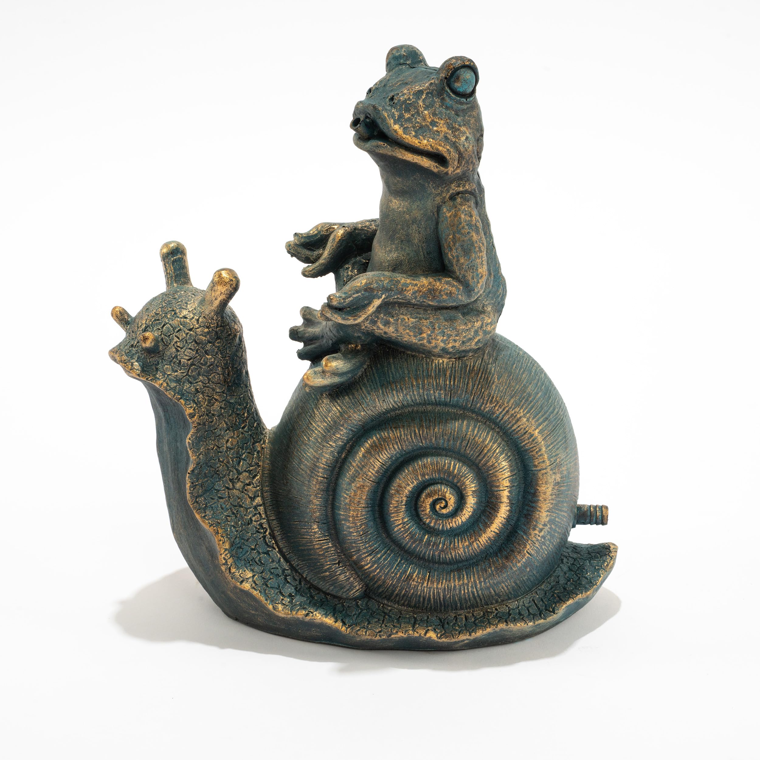 Esotec Wasserspeier Schnecke mit Frosch Lilly & Nelly im Altkupfer-Design, Brunnenfigur für Teich & Garten aus Polyresin, Gartenfigur mit 2X 2m Schlauch, 24,5x14,5x28cm 100775