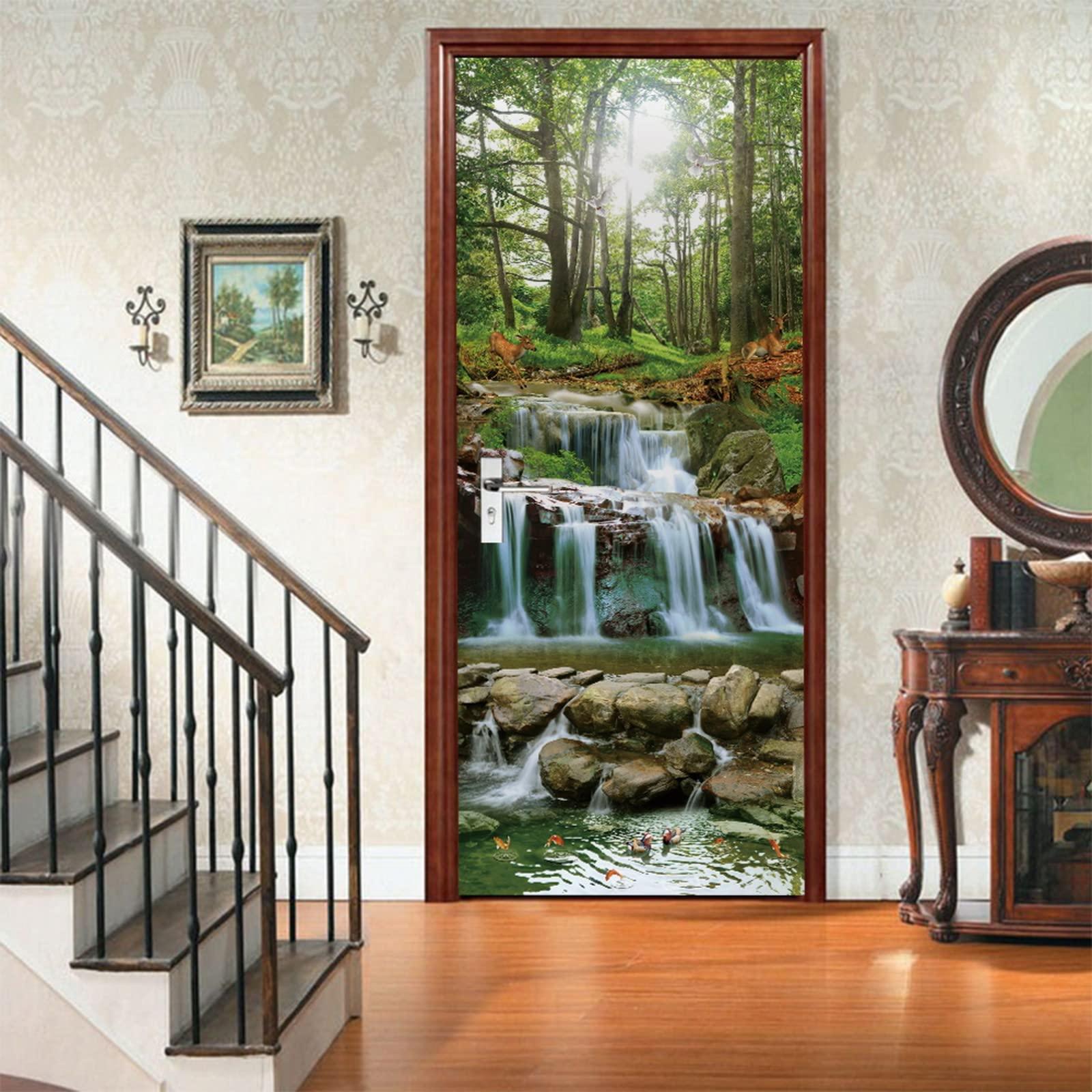 A.Monamour Pegatinas de Puerta Autoadhesivo 3D Cascada Cascada En El Bosque Con La Luz Del Sol A Través De Los Árboles Paisajes Naturales Vinilo para Puertas Mural PVC Pared Foto Poster 95 x 215 cm