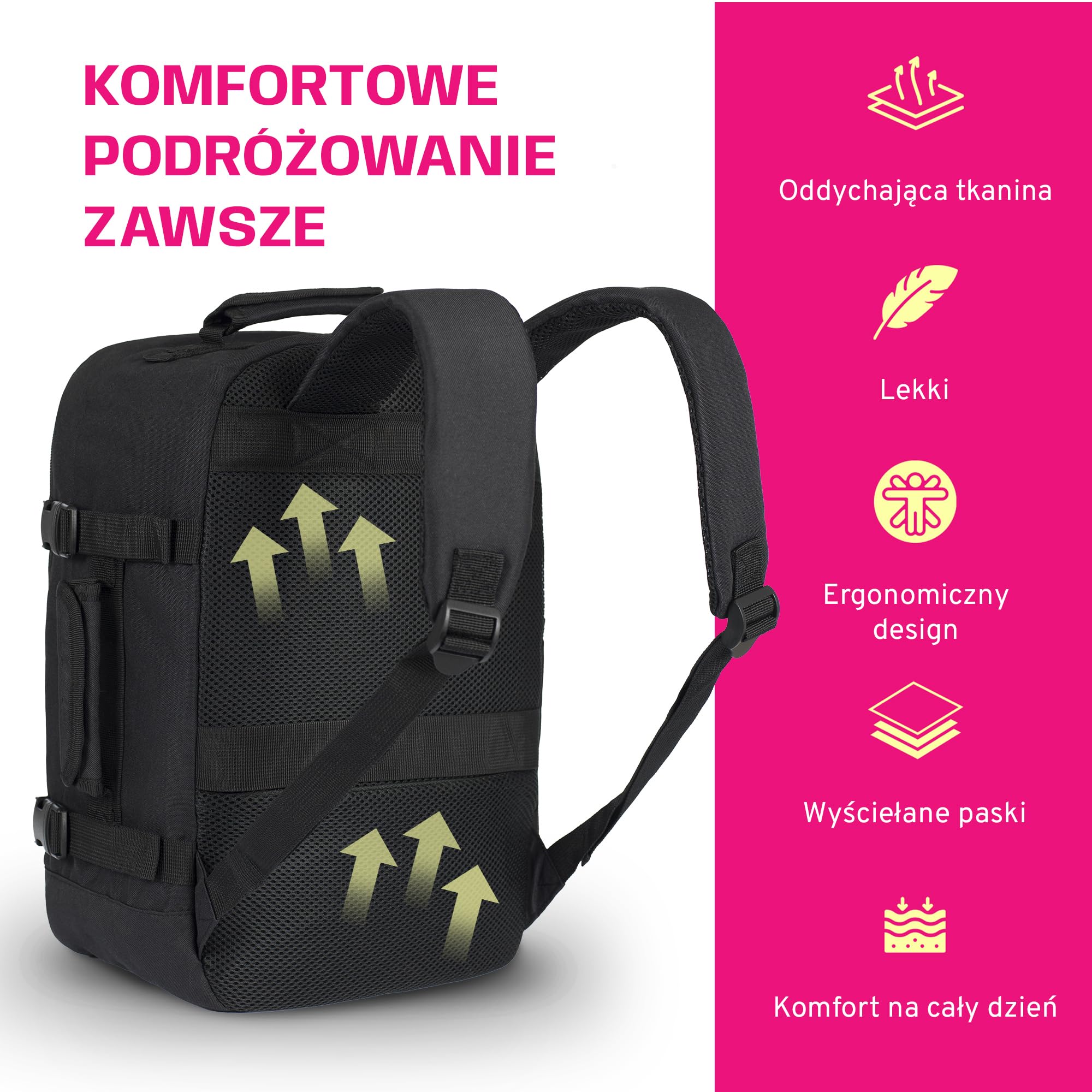 Berlin 20L 45x20x25 cm Lekki Plecak Podróżny – Zatwierdzony jako Bagaż Kabinowy Ryanair & EasyJet, Wodoodporny Poliester Oxford 600D, Bezpieczne Klipsy Kompresyjne