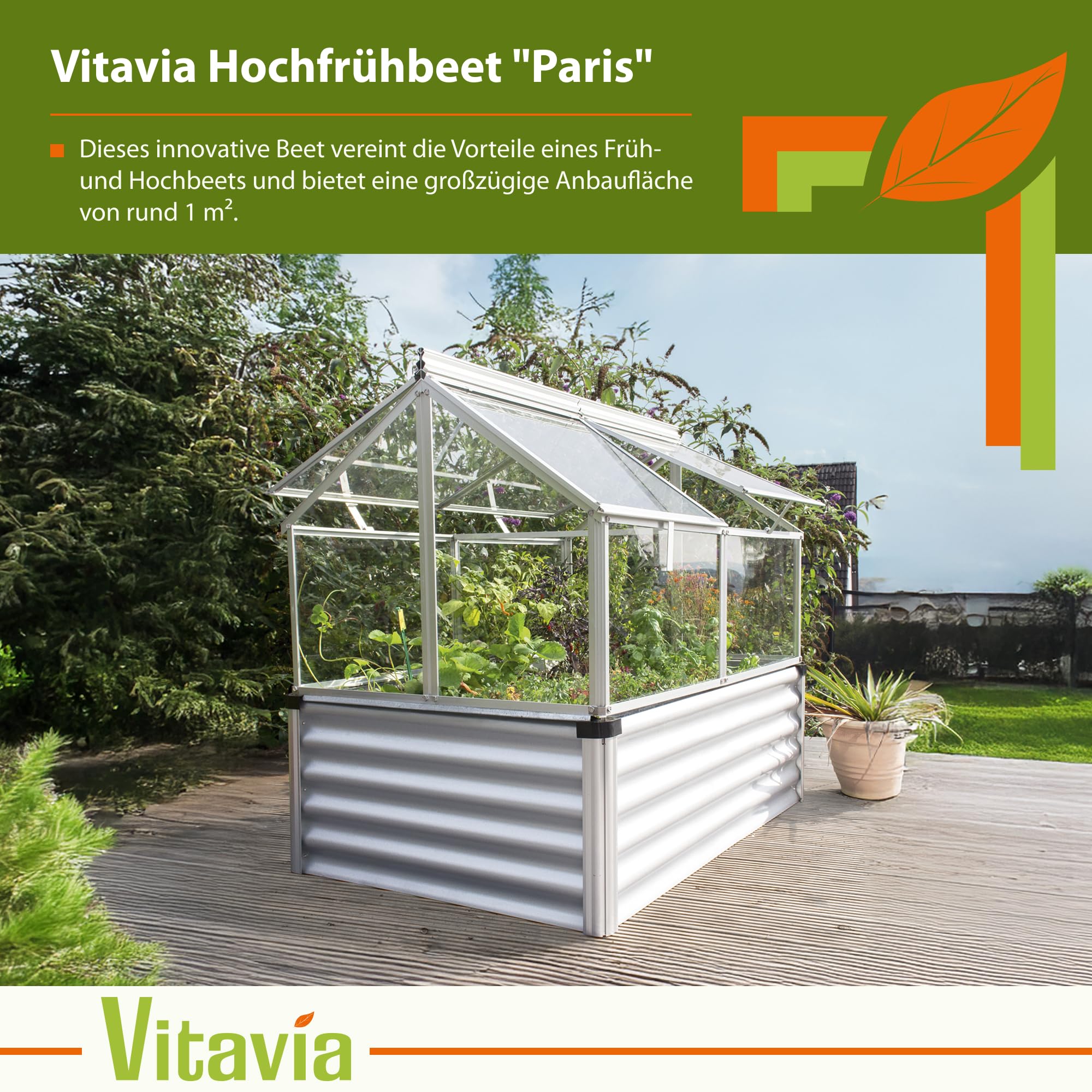 Vitavia Hochfrühbeet “Paris“ | Hochbeet & Frühbeet in Einem | Aluminium Eloxiert | 3 mm ESG-Sicherheitsglas | Wetterfest, Verstellbare Dachfenster & Abnehmbarer Aufsatz | Optimale Wachstumsbedingungen