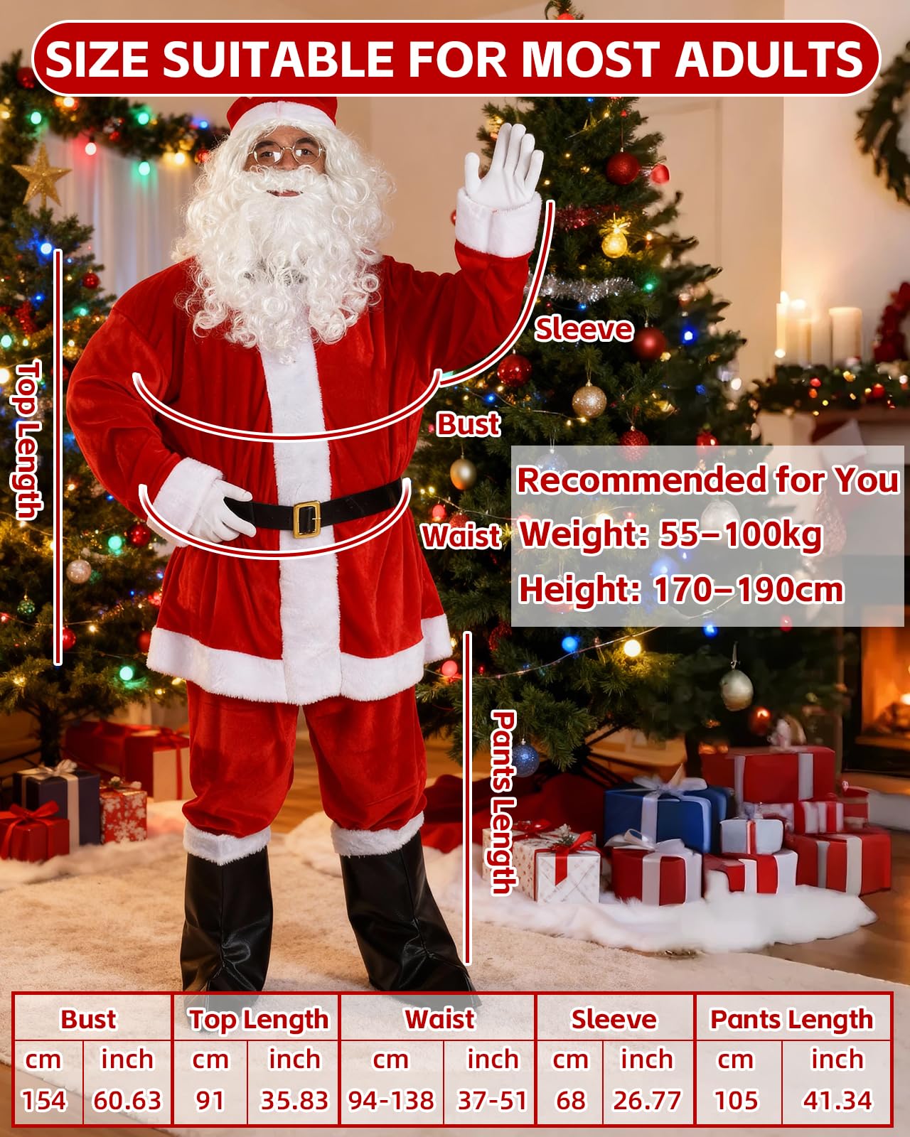 Weihnachtsmann Kostüm für Herren, 10-teiliges Weihnachtskostüm Premium Set | inkl. Bart, Sakko & Goldbeutel, Erwachsene Deluxe Santa Claus Costume für Weihnachtsfeiern, Karneval und Nikolaus Cosplay
