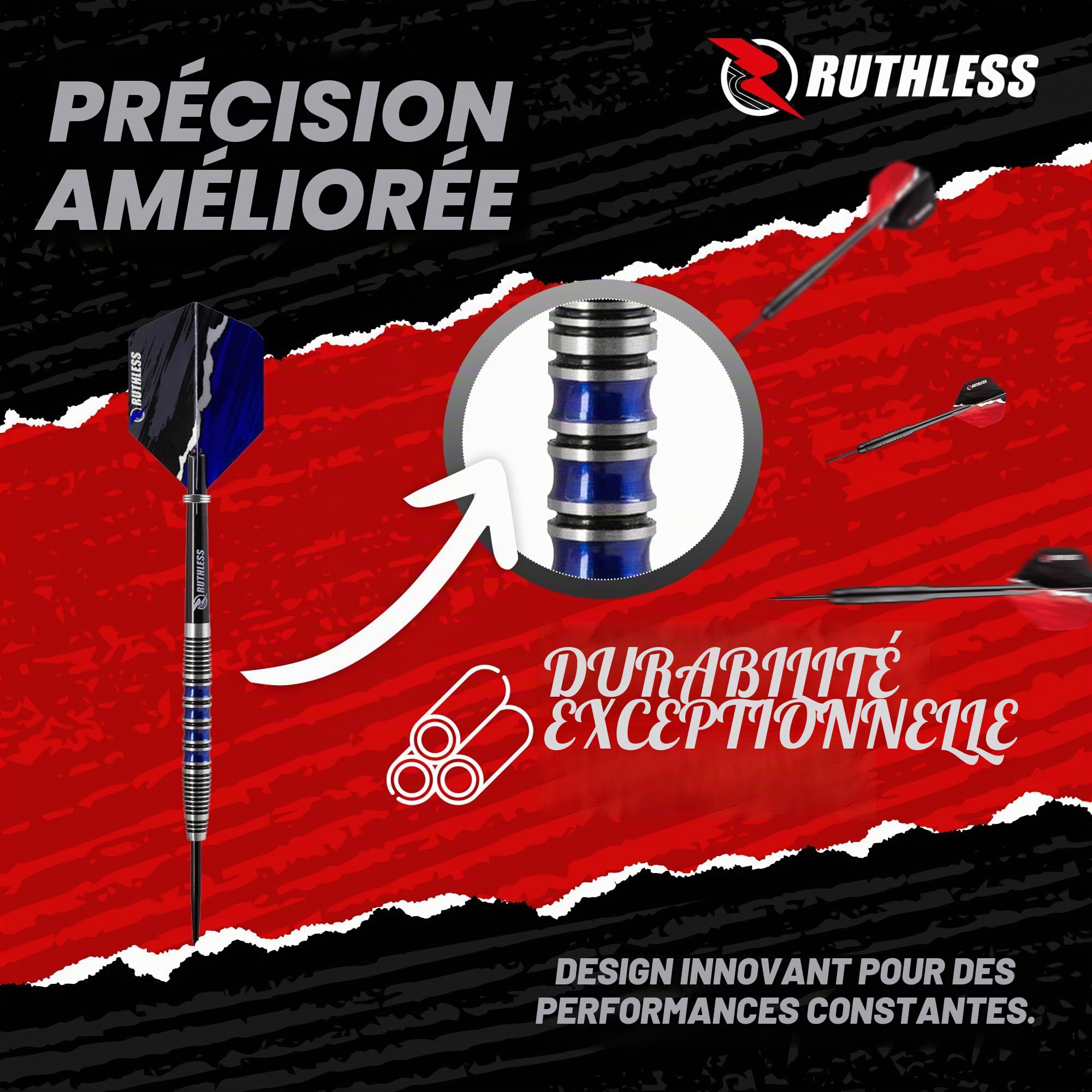 RUTHLESS Blue Falcon Jeu de fléchettes professionnelles en tungstène avec ailettes et tiges 23 g et 25 g