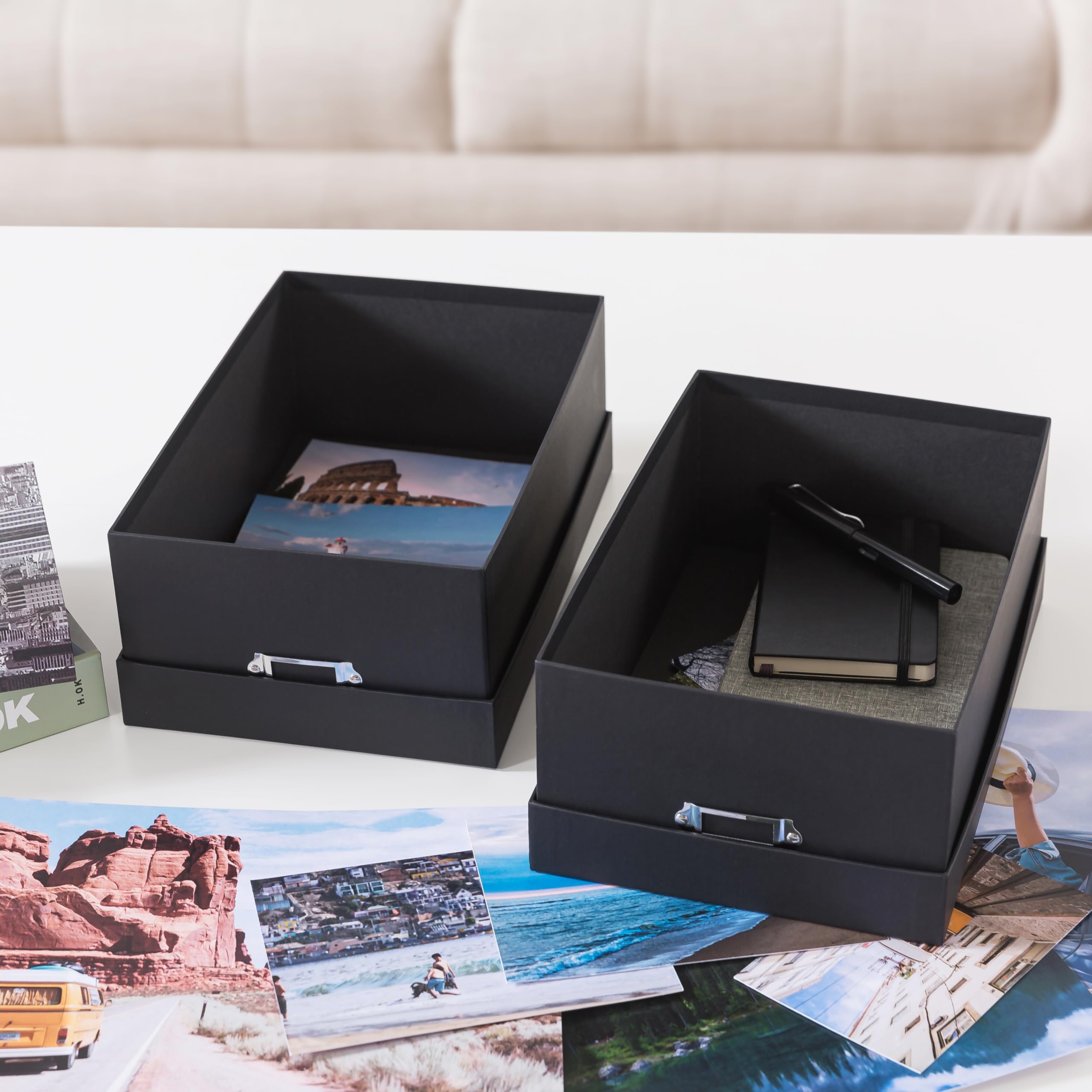 Soul & Lane Scatola portaoggetti decorativa per foto con coperchio, 29,7 x 19,6 x 11,4 cm, confezione da 2 scatole nere per ricordi, organizer per foto in cartone per ricordi e organizzazione