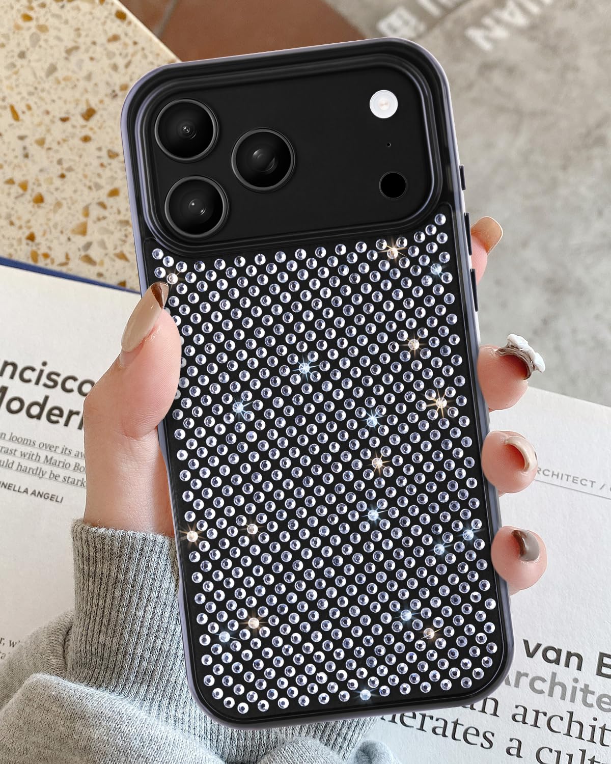 SCORPIFY Custodia per iPhone 9 Pro Max, custodia per iPhone 8 Pro Max con design con diamanti bianchi, custodia protettiva per telefono con strass bianchi, per donne e ragazze, paraurti glitterato con
