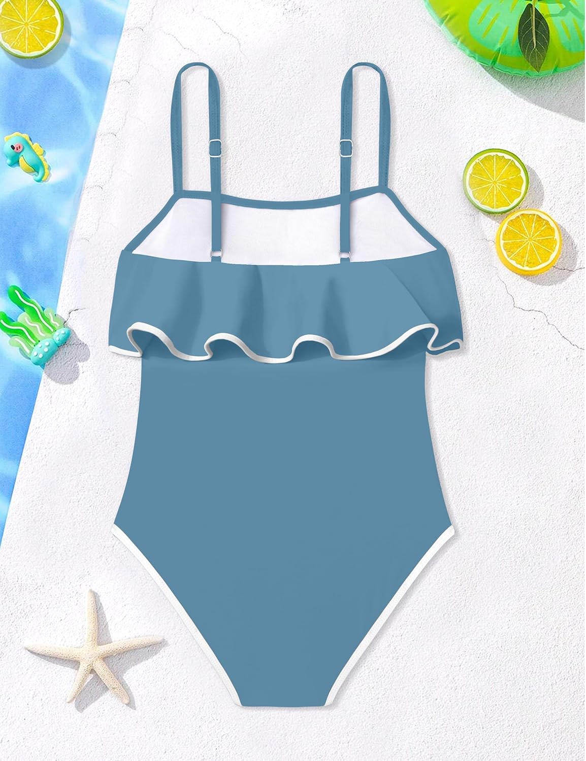 Girls Swimsuit Ruffle One Piece Swimsuits Solid Color Bathing Suit for Teens Contrast Trim Swimwear 9-16Y with Padded - Image 7