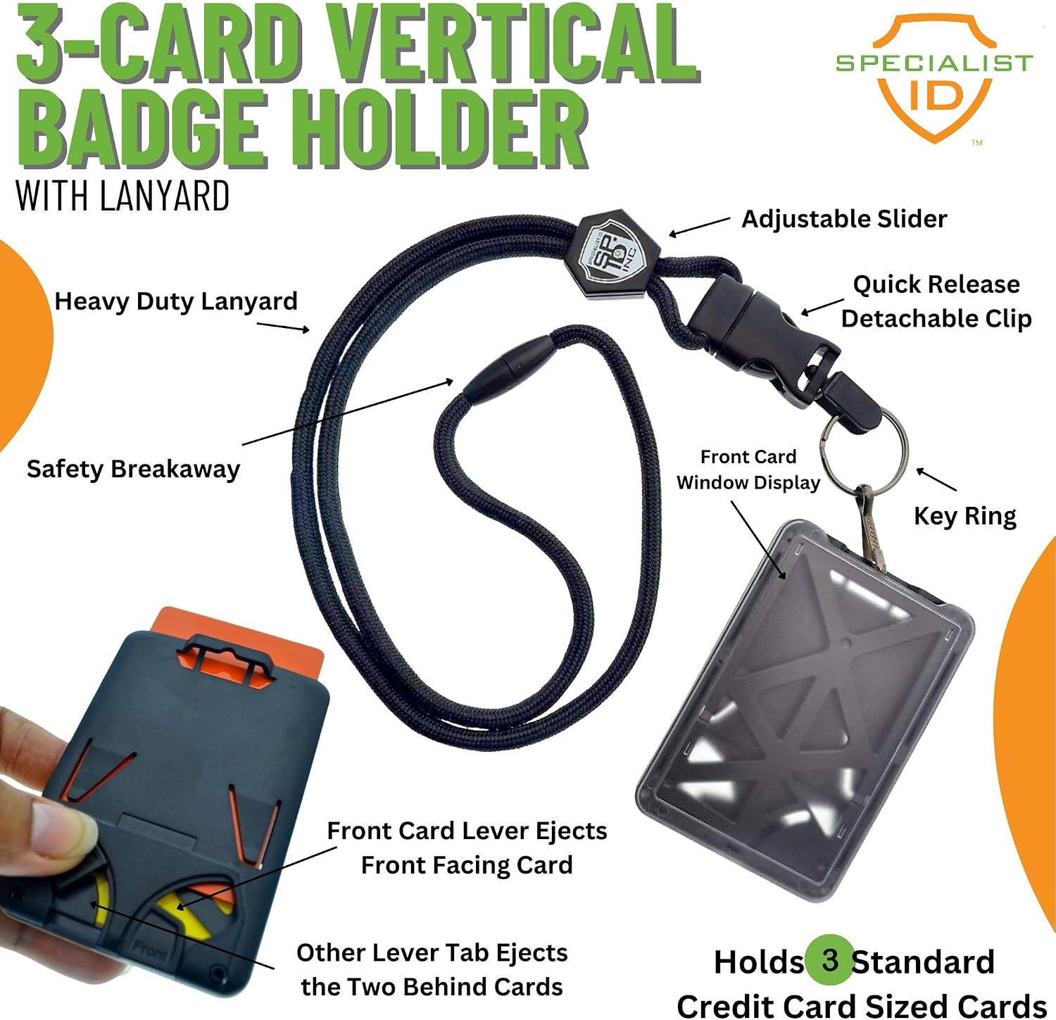 Specialist ID Vertical Top Load Three Card Badge Holder - Hard Plastic with Heavy Duty Breakaway Lanyard w Quick Release Metal Clip & Key Ring (One Holder / 3 Cards Inside) (Black) image 2