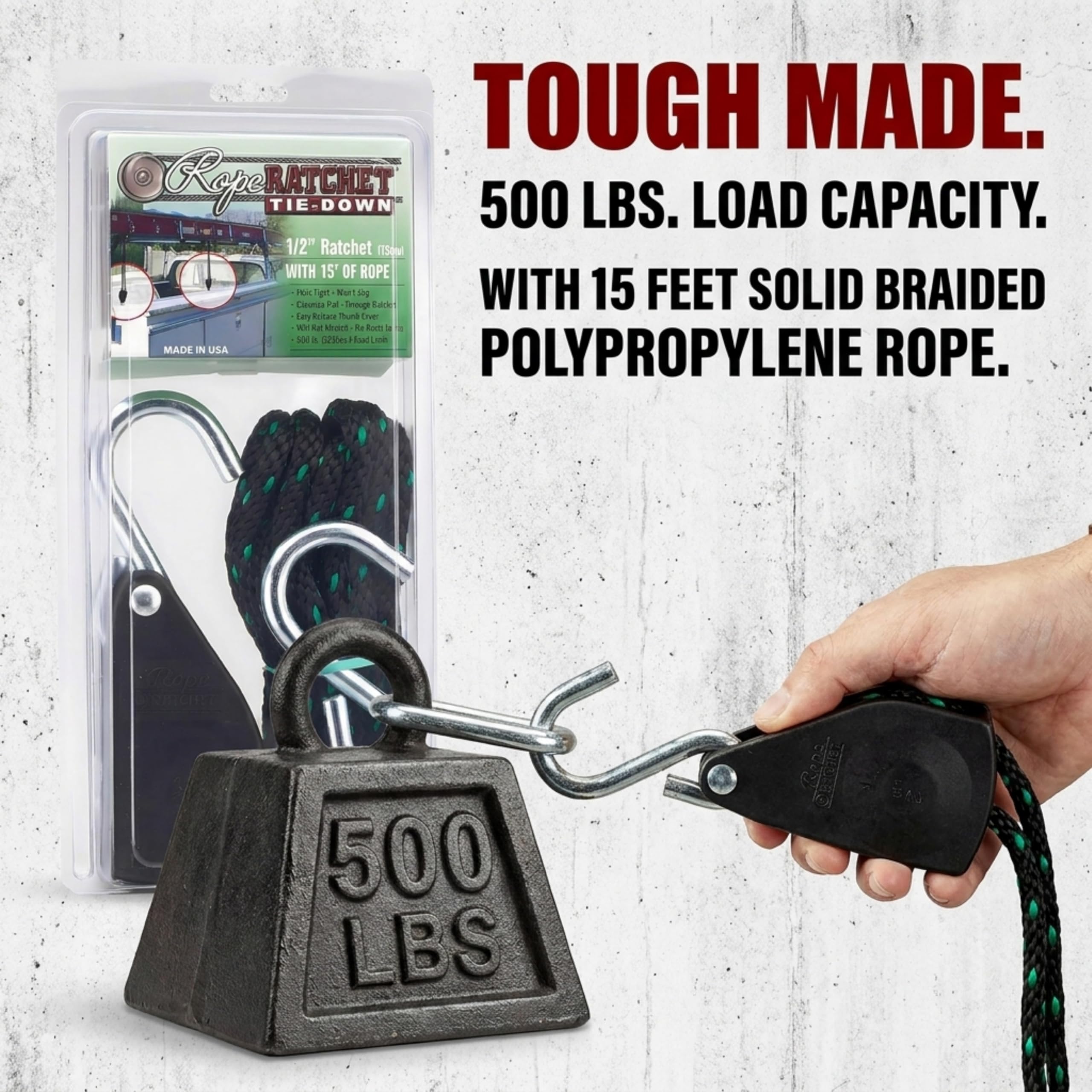 Rope Ratchet 10035 Polea de Cuerda de Amarre de 1/2 Pulgada, con Cuerda de Polipropileno Trenzada sólida de 15 pies, Capacidad de Peso de 500 Libras