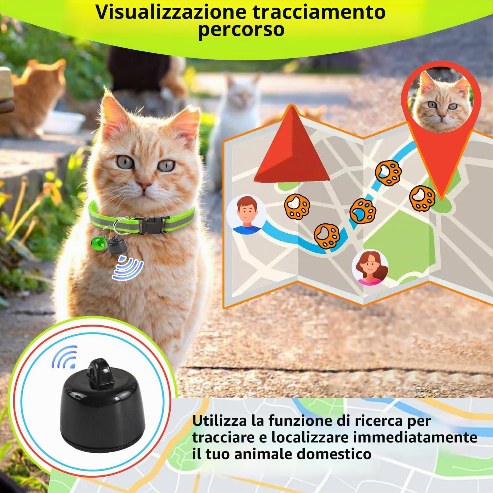 Tracciatore GPS per gatti, compatibile con iOS e Android, monitoraggio della posizione in tutto il mondo, tracker GPS senza ABO, mini localizzatore per gatti