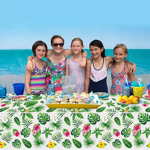 Miniatura 4 de Paquete de 4 manteles hawaianos de Luau con hojas de palmera tropicales, manteles rectangulares de plástico desechables Hawaii, Aloha para verano,