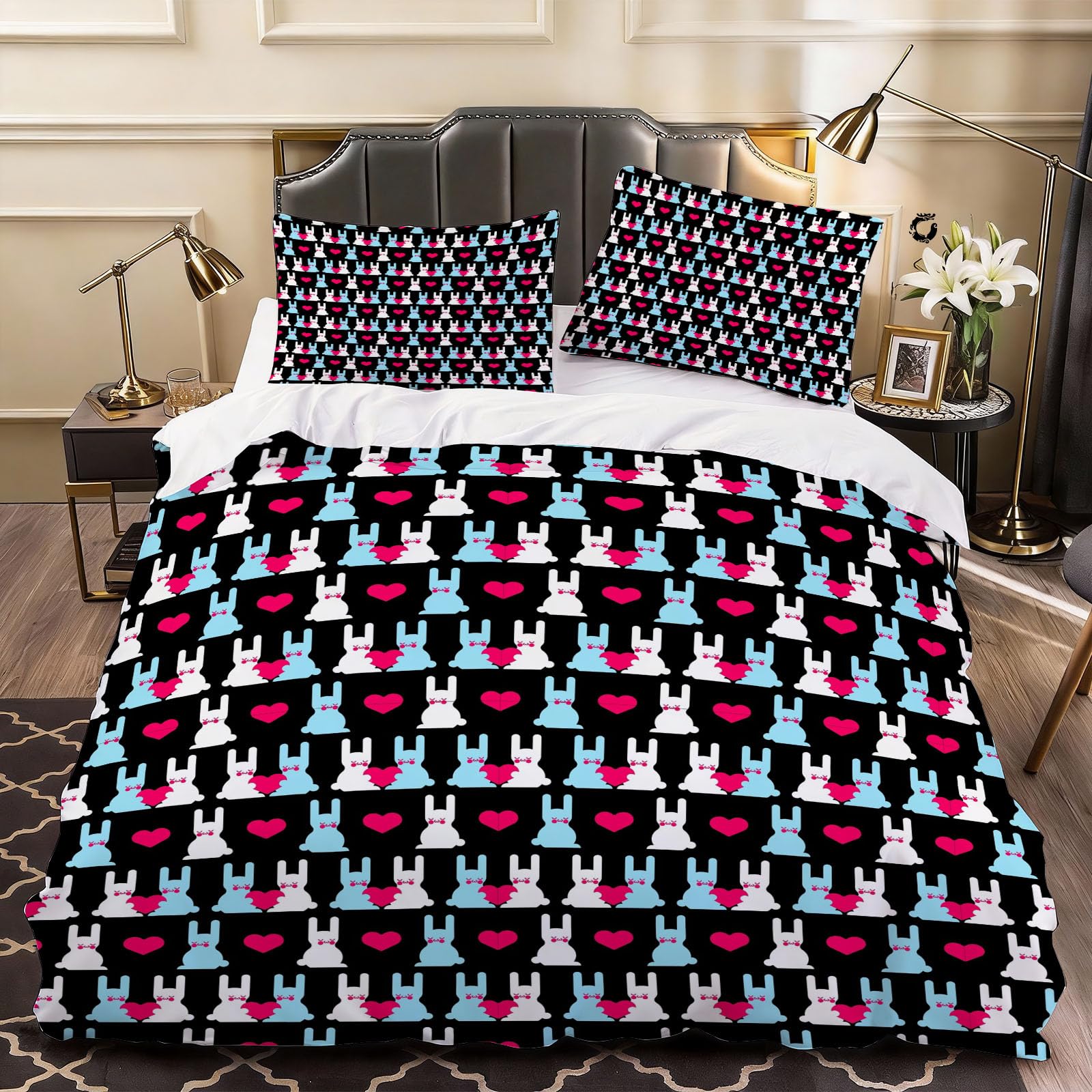 3D Cute Rabbit Duvet Cover Cute Bedding Double Bed Set, Soft Microfiber Comforter Cover Printed with Zipper Closure Quilt Coverr 200x200 cm and 2 Pillowcases