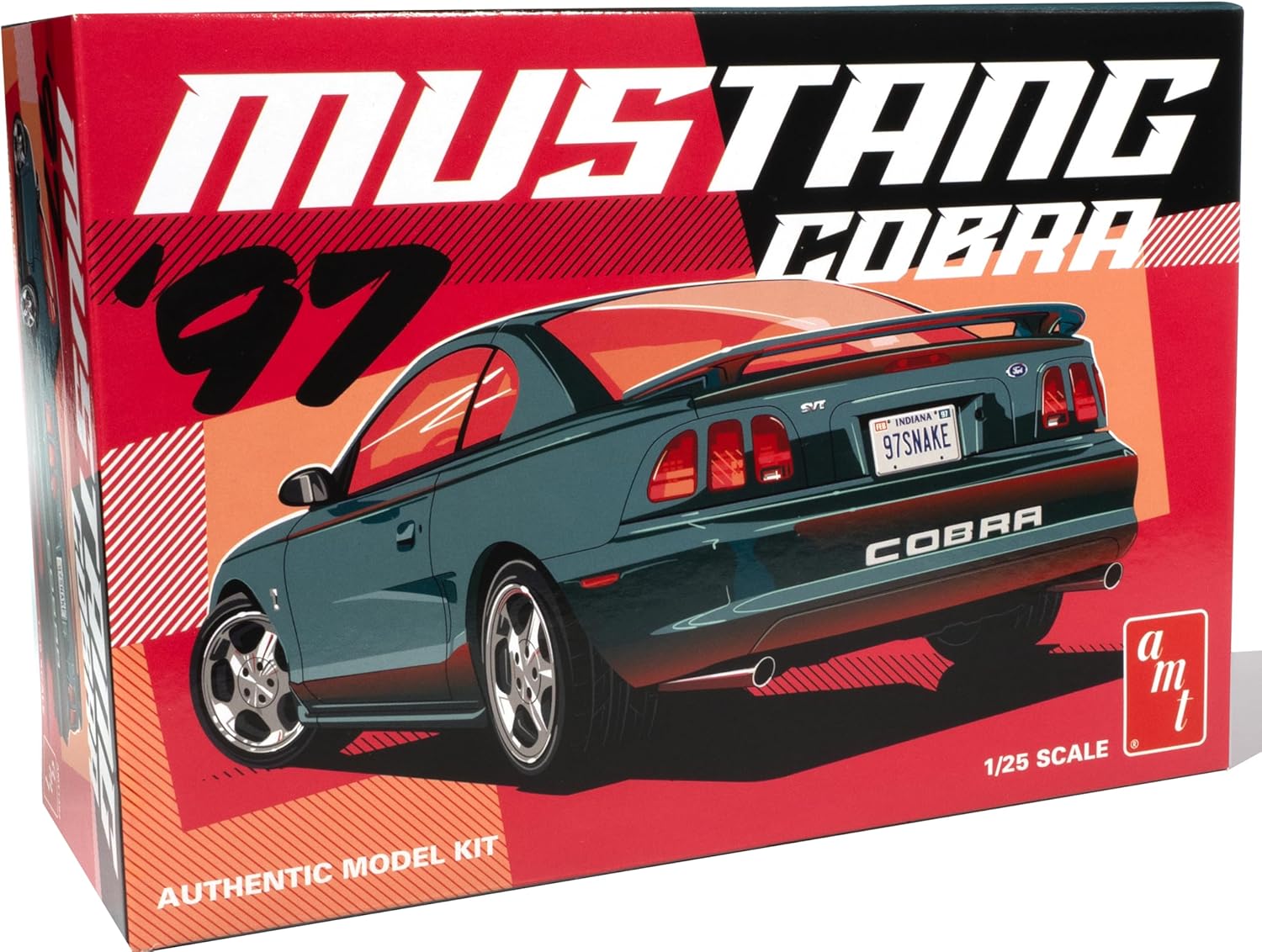 AMT 1997 Ford Mustang Cobra 1:25 Scale Model Kit – Authentic V-8 Engine Detail, 90+ Parts, Functional Hood & Scoops, Rear Spoiler, Pad-Printed Goodyear Tires – Skill Level 2 – Paint & Glue Required