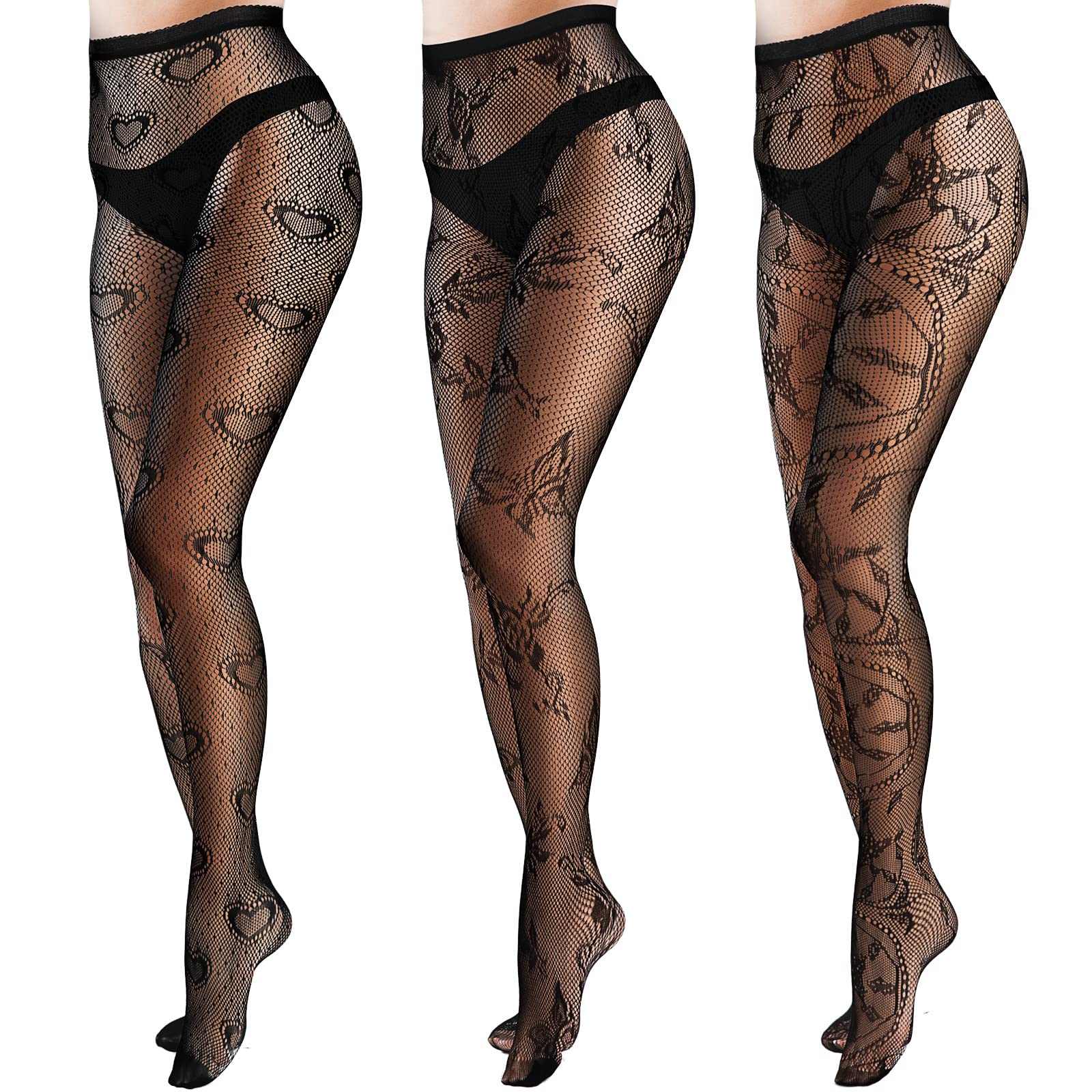 SATINIOR3 Pairs Women's Fishnet High Waist Fishnet Patterned Tights Dark Fishnet Stockings Opaque Pantyhose for Women, Black (Butterfly Style)