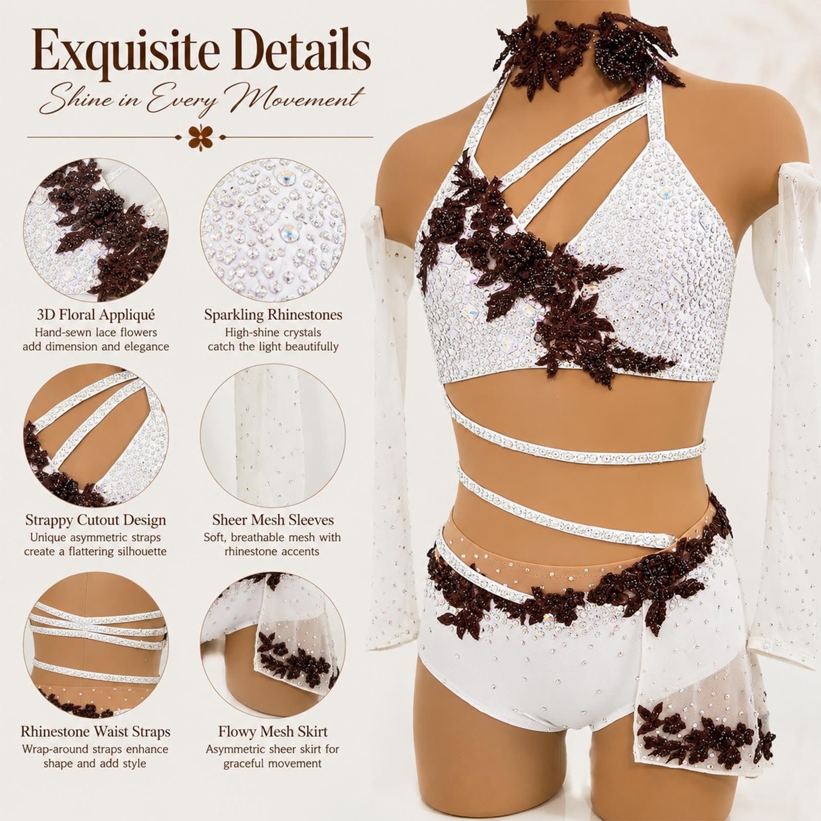 Costume danza moderna con fiori e strass for donna e ragazza