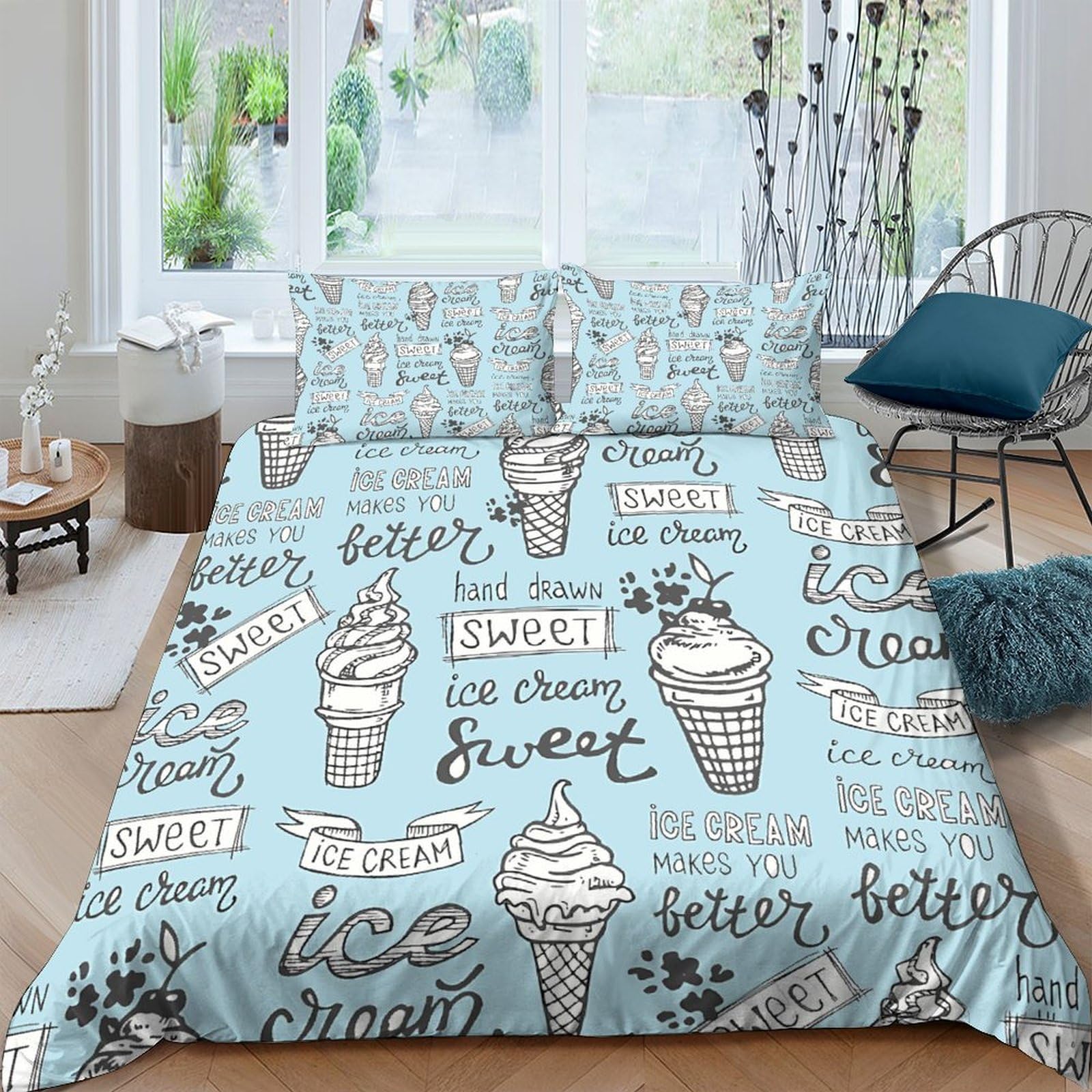 Housse de couette 3D imprimé glace cone parure lit zippée anti-plis microfibre 200x200cm