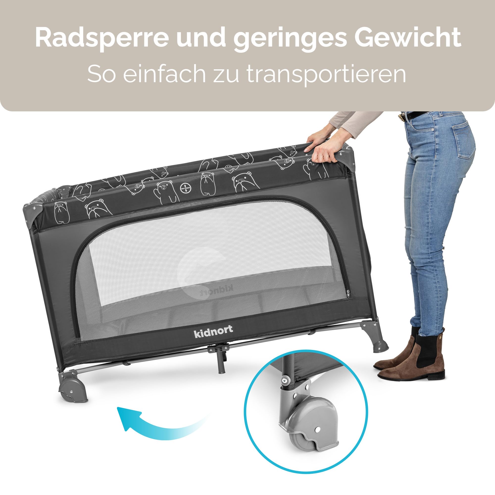 Grotta Reisebett Baby mit Matratze klappbares Babybett Kinderreisebett mit Seiteneinstieg Netzseiten 2 Rollen mit Bremse Tragetasche für Reise und Zuhause Dunkelgrau