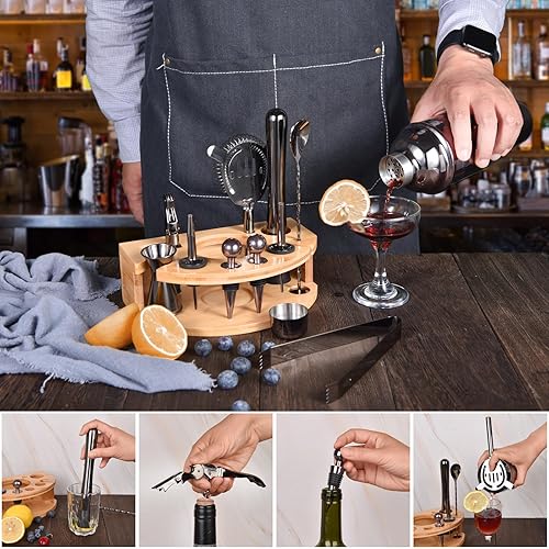 Miniatura 5 de Quilamix Kit de camarero con elegante soporte de bambú, juego de coctelera de 12 piezas de 25 onzas para bebidas mixtas, juego de herramientas