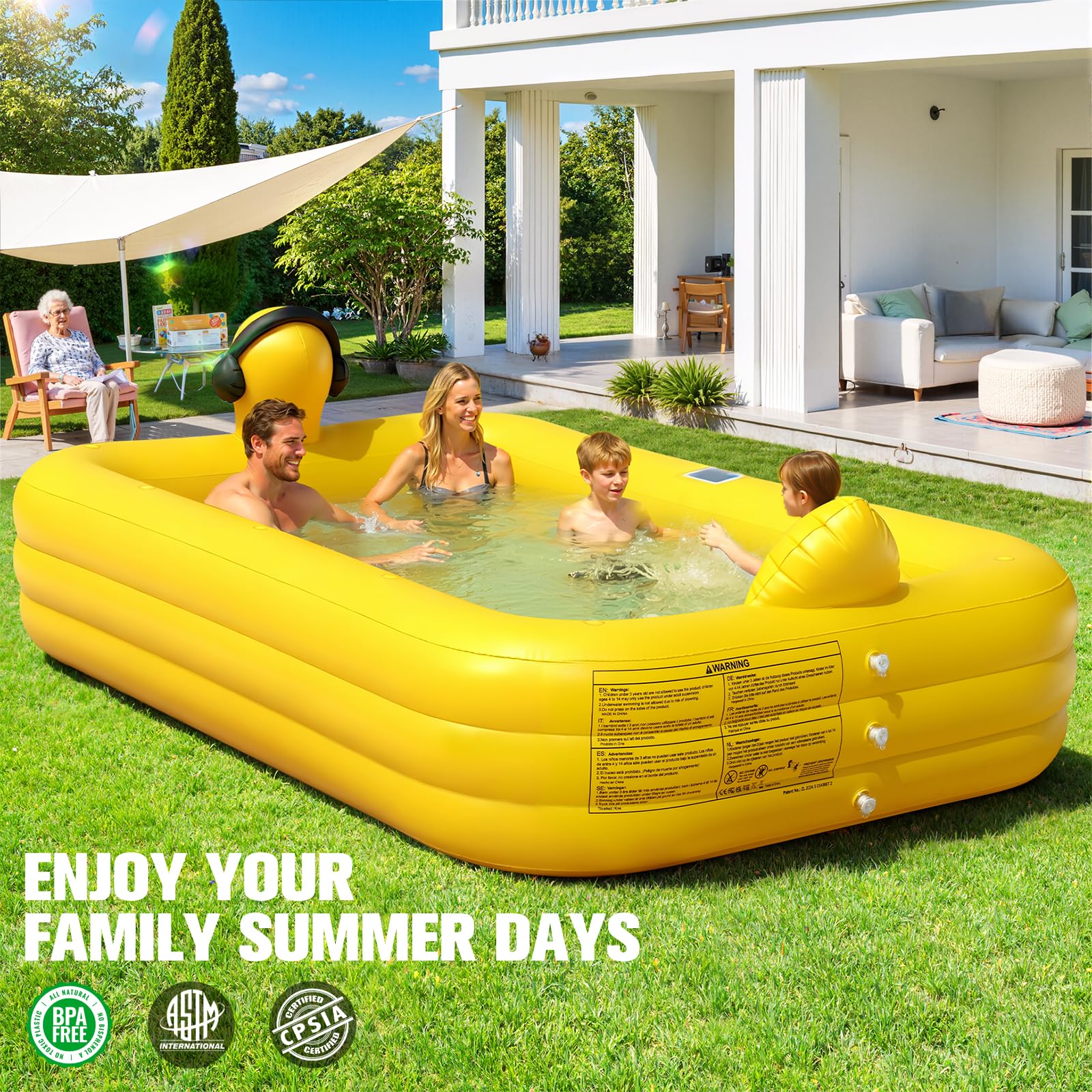 KingSom Aufblasbarer Pool mit Poolbeleuchtung, Solar Enten Planschbecken Groß für Kinder und Erwachsene, Aufstellpool Pool Rechteckig für Sommer, 254 x 160 x 56 cm Familienpool Aufblasbar für Garten