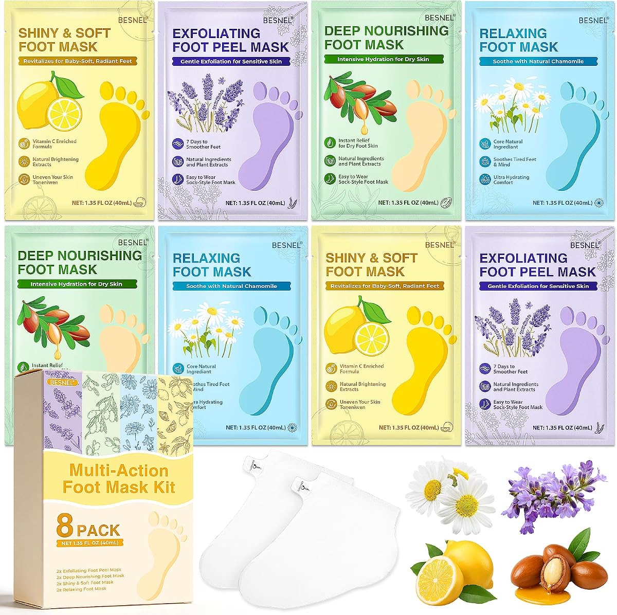 8 Pack Moisturizing Foot Mask,Hydrating Foot Masks for Dry Cracked Feet | Soothing Dry Skin Moisturizer Socks for Baby Soft Feet,Teacher Appreciation Gifts,Foot Care Spa Gifts for Women Men(4 Styles)