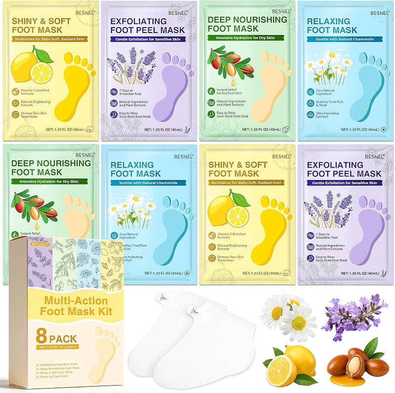 8 Pack Moisturizing Foot Mask,Hydrating Foot Masks for Dry Cracked Feet | Soothing Dry Skin Moisturizer Socks for Baby Soft Feet,Teacher Appreciation Gifts,Foot Care Spa Gifts for Women Men(4 Styles)