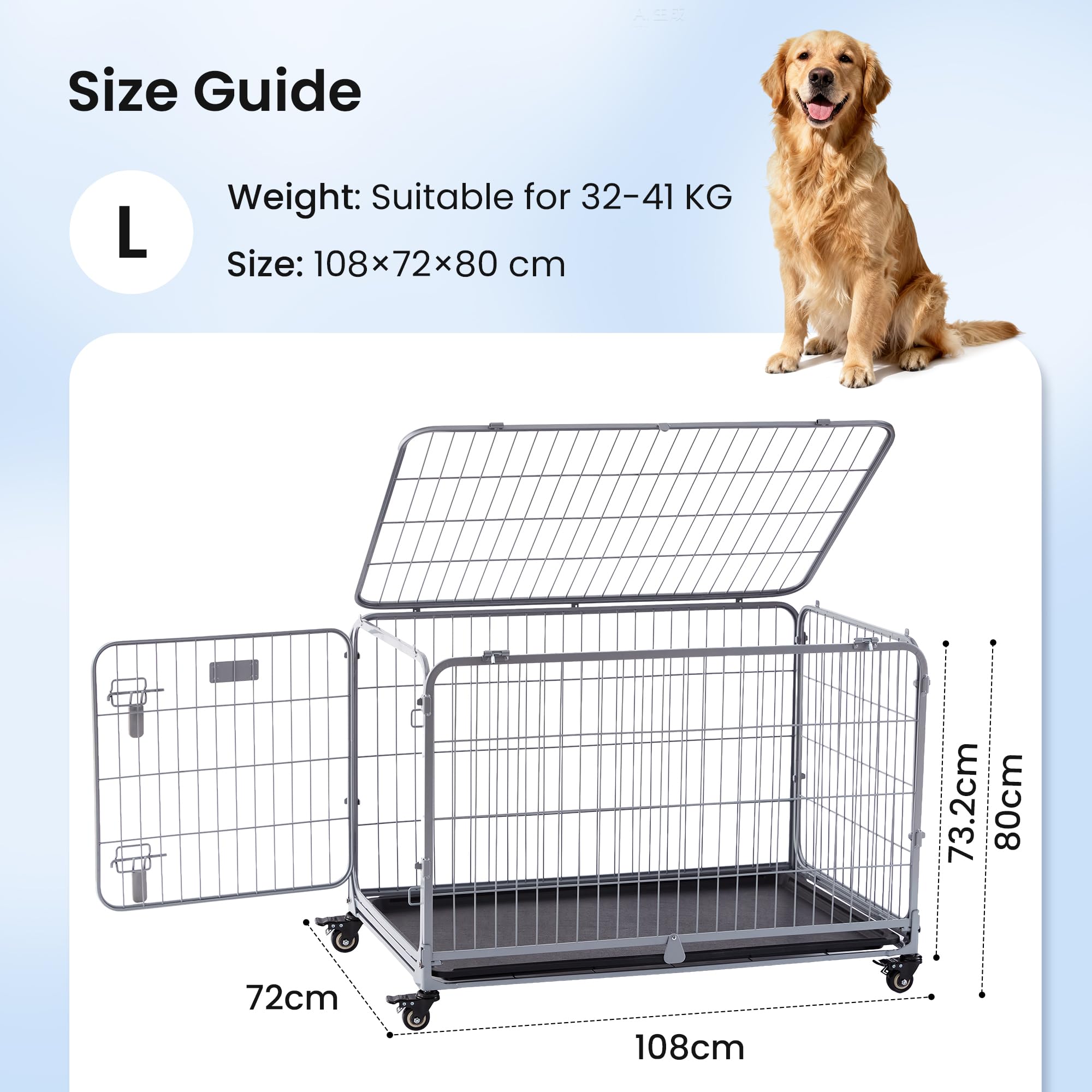 ZOMISIA Hundekäfig XL Faltbar mit Rollen, 108 x 72 x 73.2 cm, Grau | für große Hunde, Hundebox Metall mit Doppeltür, einfach montierbarer Käfig, herausnehmbarer Schubladenboden