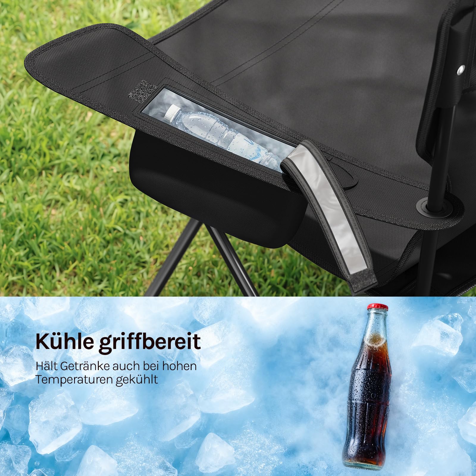WOLTU Campingstuhl 2er Set Klappstuhl Faltbar bis 130 kg Belastbar mit Getränkehalter Seitentasche & Kühltasche, Outdoor Angelstuhl Camping Klappstuhl für Strand Angeln,Schwarz