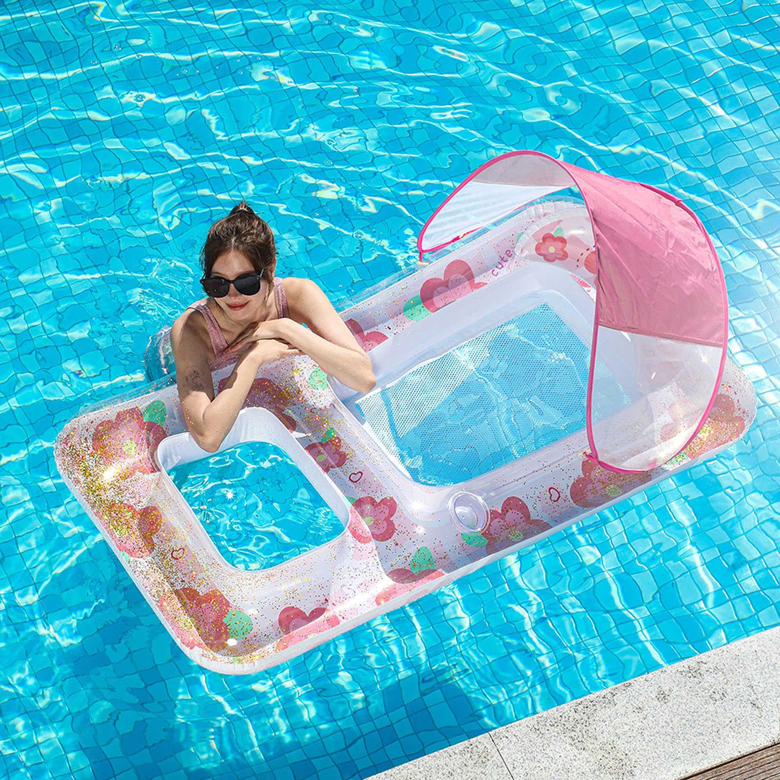 Materassino Mare in PVC Galleggiante Gonfiabile Piscina con Parasole Disponibile in Una varietà di Colori con Schienale e portabicchiere Accessori Piscina per Piscina e Spiaggia