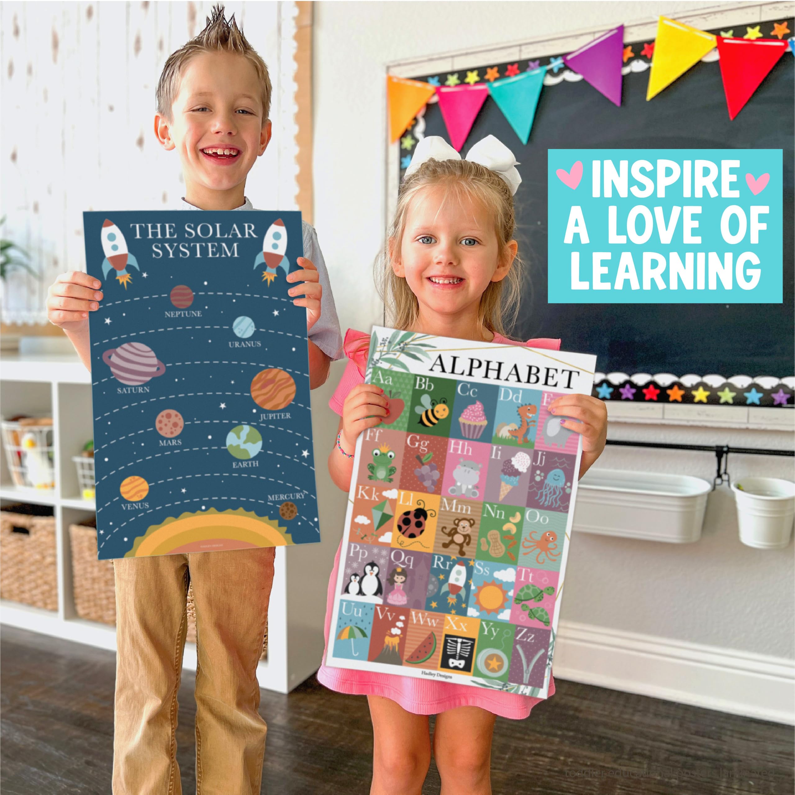 Hadley Designs Lot de 16 affiches murales éducatives de verdure – Apprentissage préscolaire, alphabet, chiffres, formes, géographie, science pour salle de classe, école à domicile