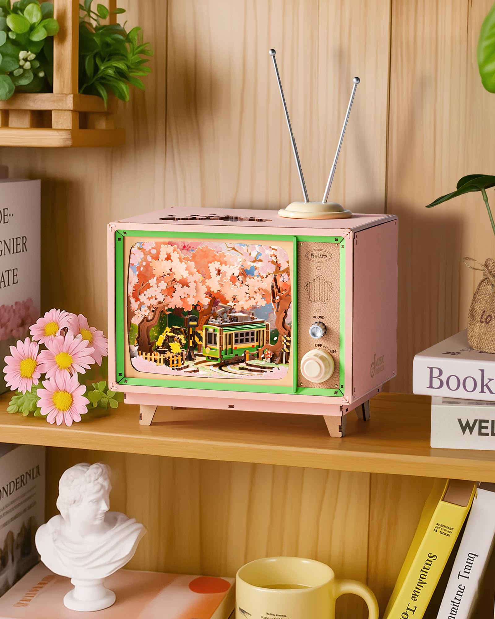 Rolife Zestaw modelarski, pozytywka, Sakura wymarzona podróż, "zrób to sam", miniaturowy zestaw do domu z kwiatami wiśni, drewniany domek dla lalek, dekoracja do domu i regału na książki, prezent