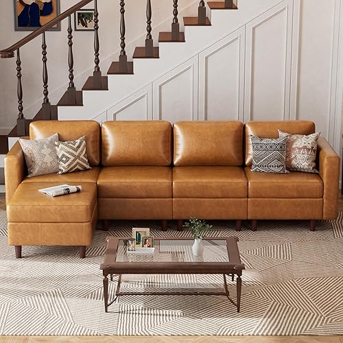 ABCASA Faux Leather Modular Sectional Sofa 118.5", L Shaped Couch Set for Living Room, 5-Seater Comfy Cloud Couches with Movable Storage Ottoman,DIY Combination - Brown