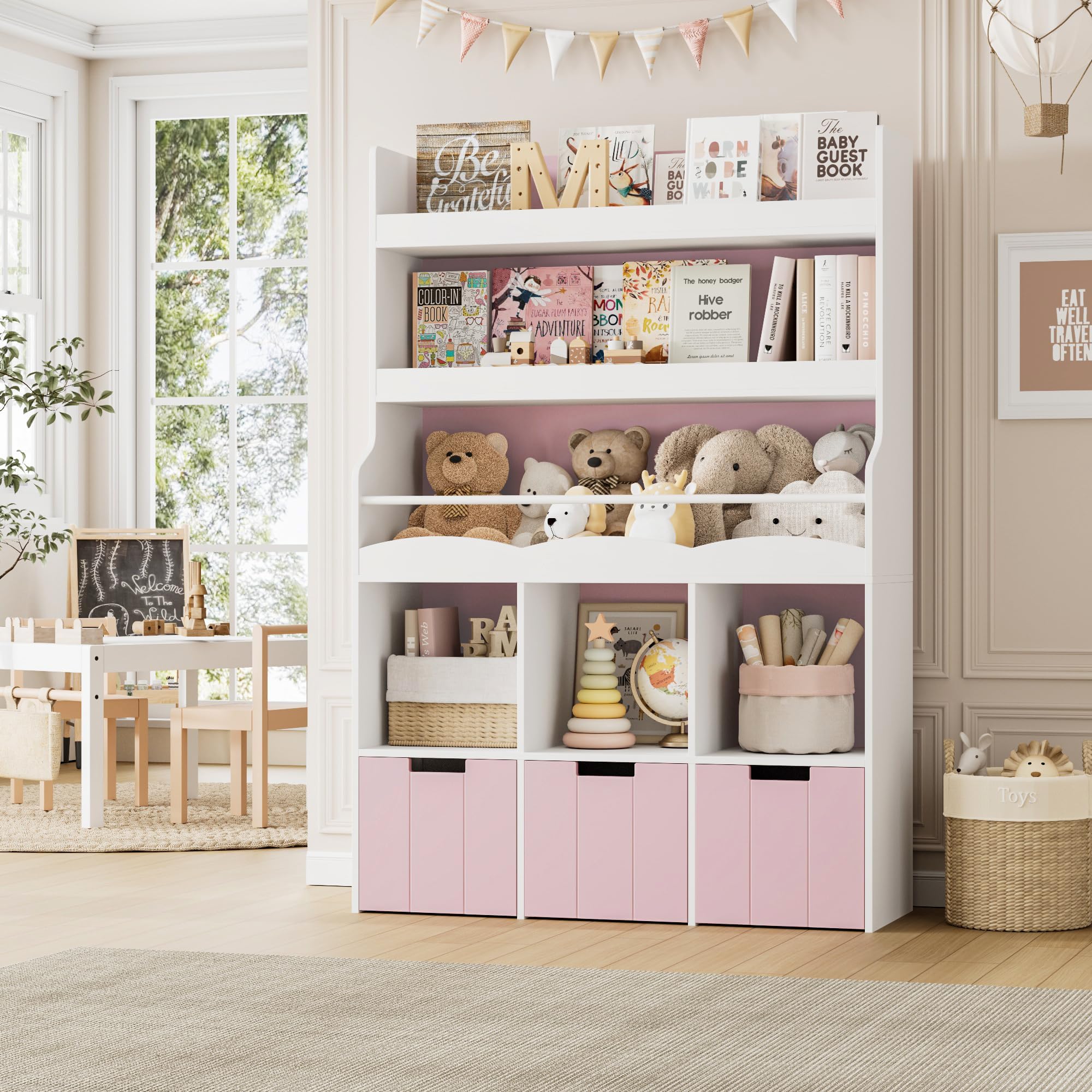 HITHOS 55.3"H Kids Bookshelf with Toy Storage Organizer, Tall Book Shelf with 3 Mobile Toy Storage Bins, Large Kids Bookcase with Toy Chest, 39.2"W Modern Toy Box for Kid Room, Playroom, Pink, White