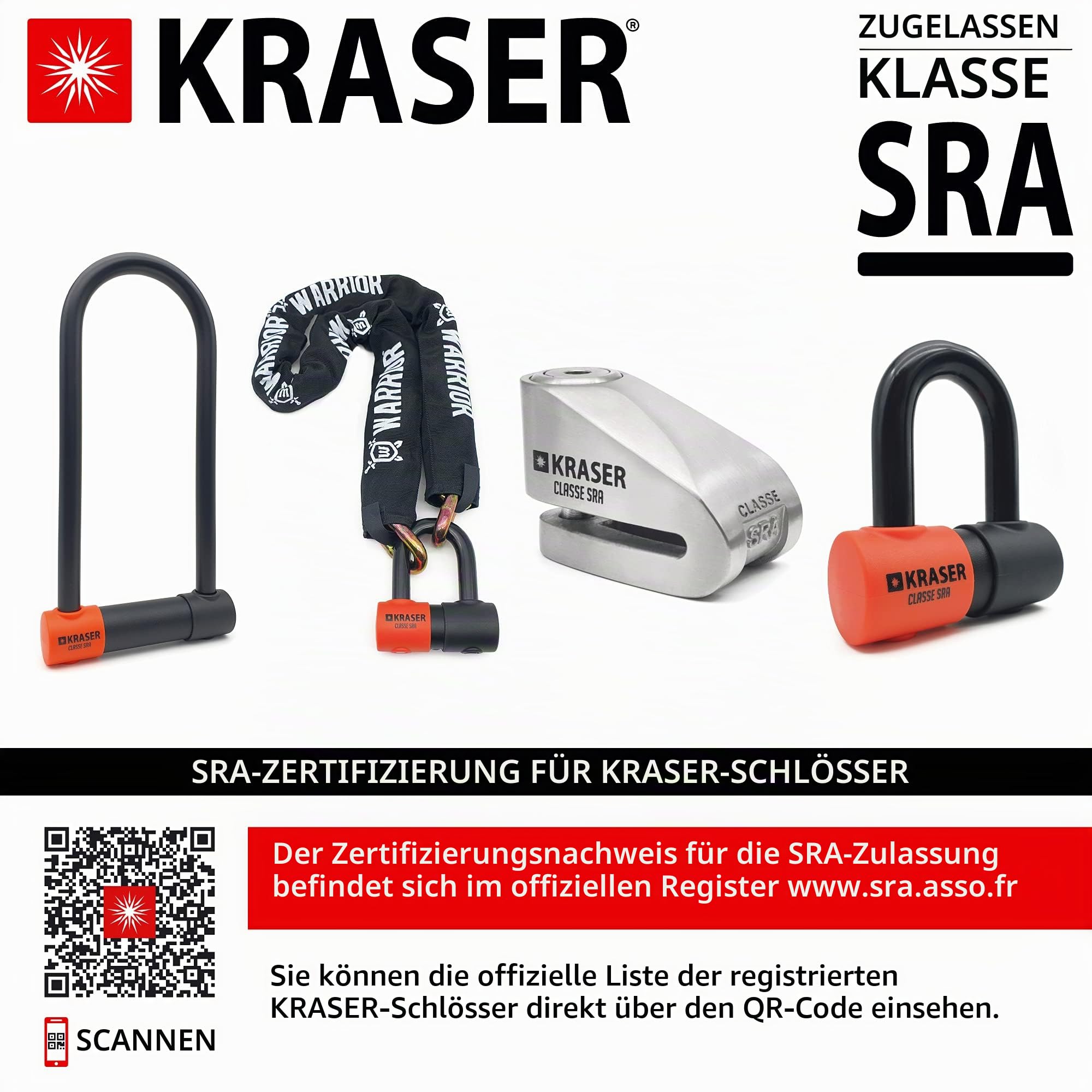 KRASER KR50 Diebstahlsicherung Motorrad Bremsscheibenschloss SRA Homologiert genehmigtes Vorhängeschloss Scheibenbremse Solid Mini U Ø18 + Erinnerungskabel, Anti-Diebstahl Motorradschloss Motorroller
