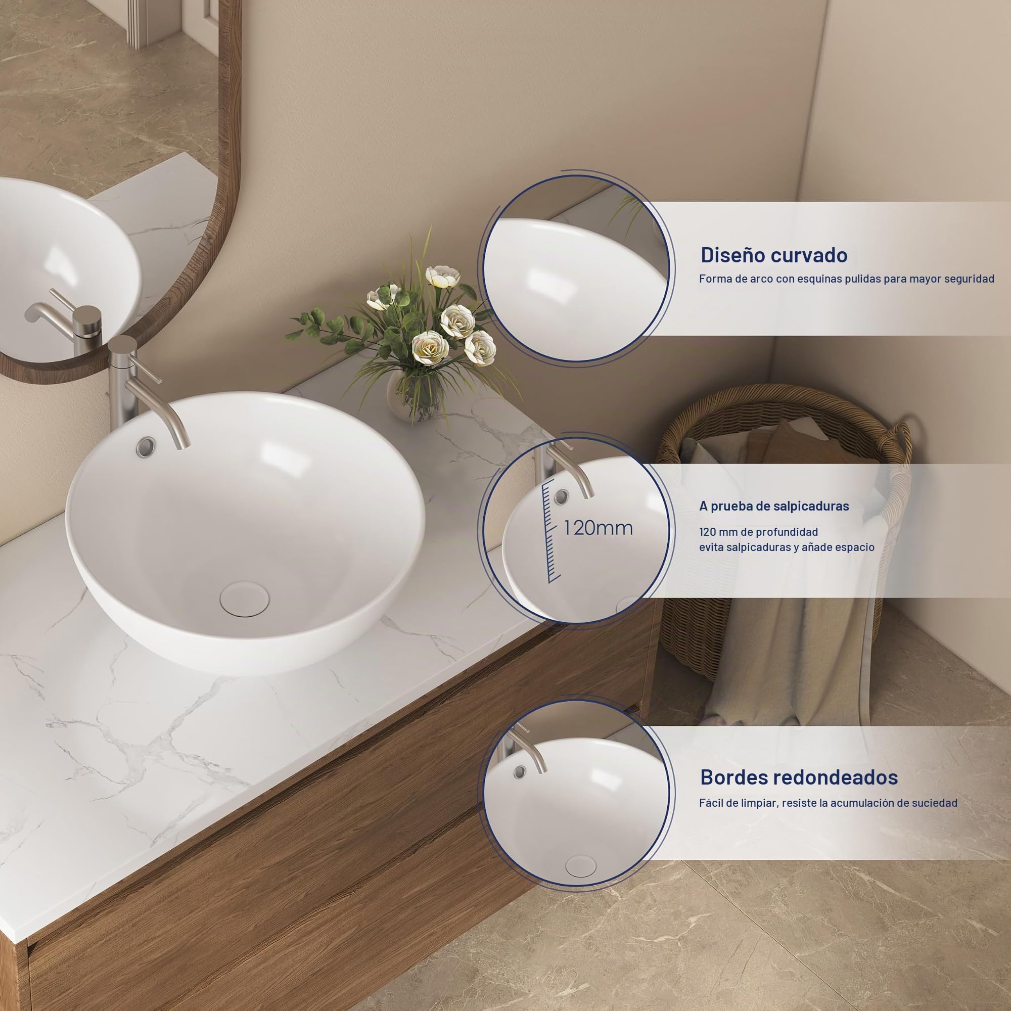 Eridanus Fregadero redondo con agujero de desbordamiento, lavabo de cerámica para encimera de baño, lavabo de porcelana vítrea para lavabo, baño, tocador, blanco brillante, 430 x 430 x 180 mm