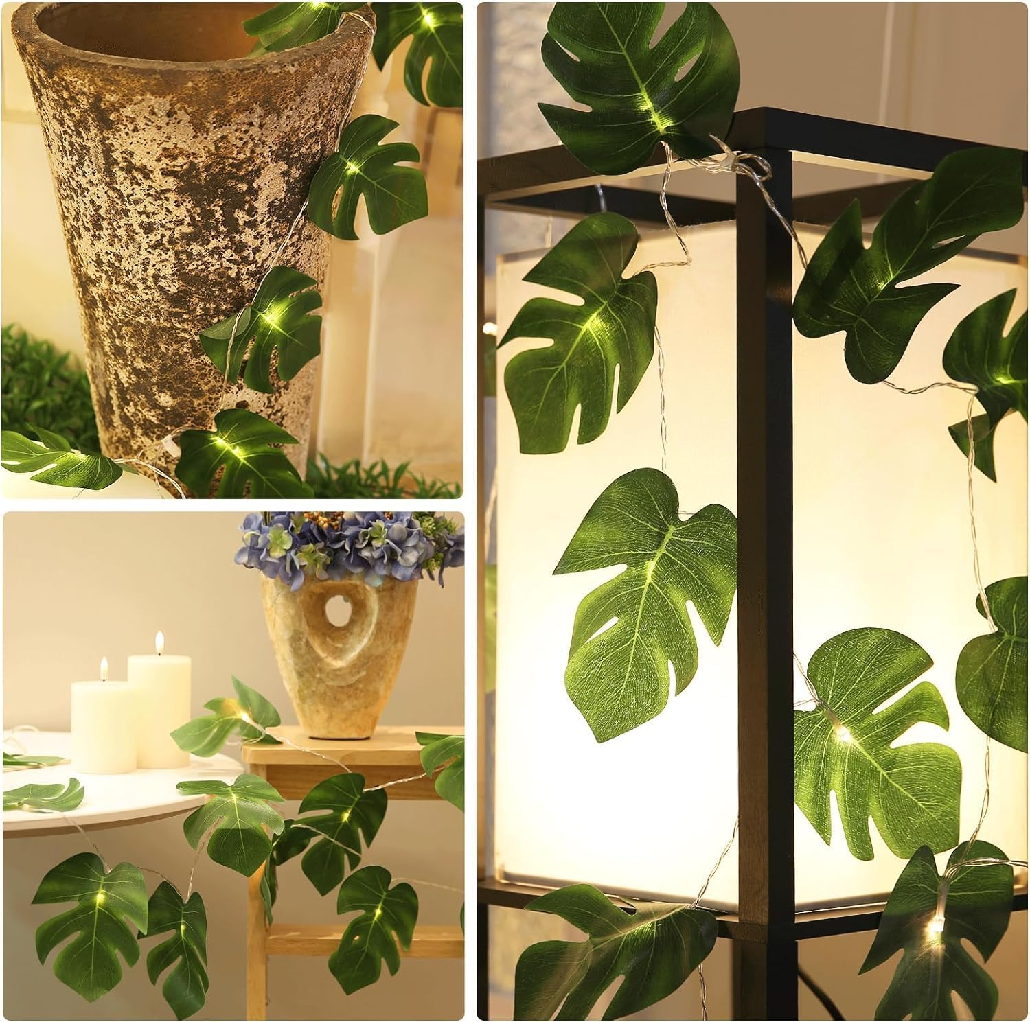 20 LED Monstera Palm Leaf String Lights, 10.3 Ft Battery Operated Tropical Palm Vine Lights for Hawaiian Party, Beach, Jungle, Indoor Outdoor Decorations