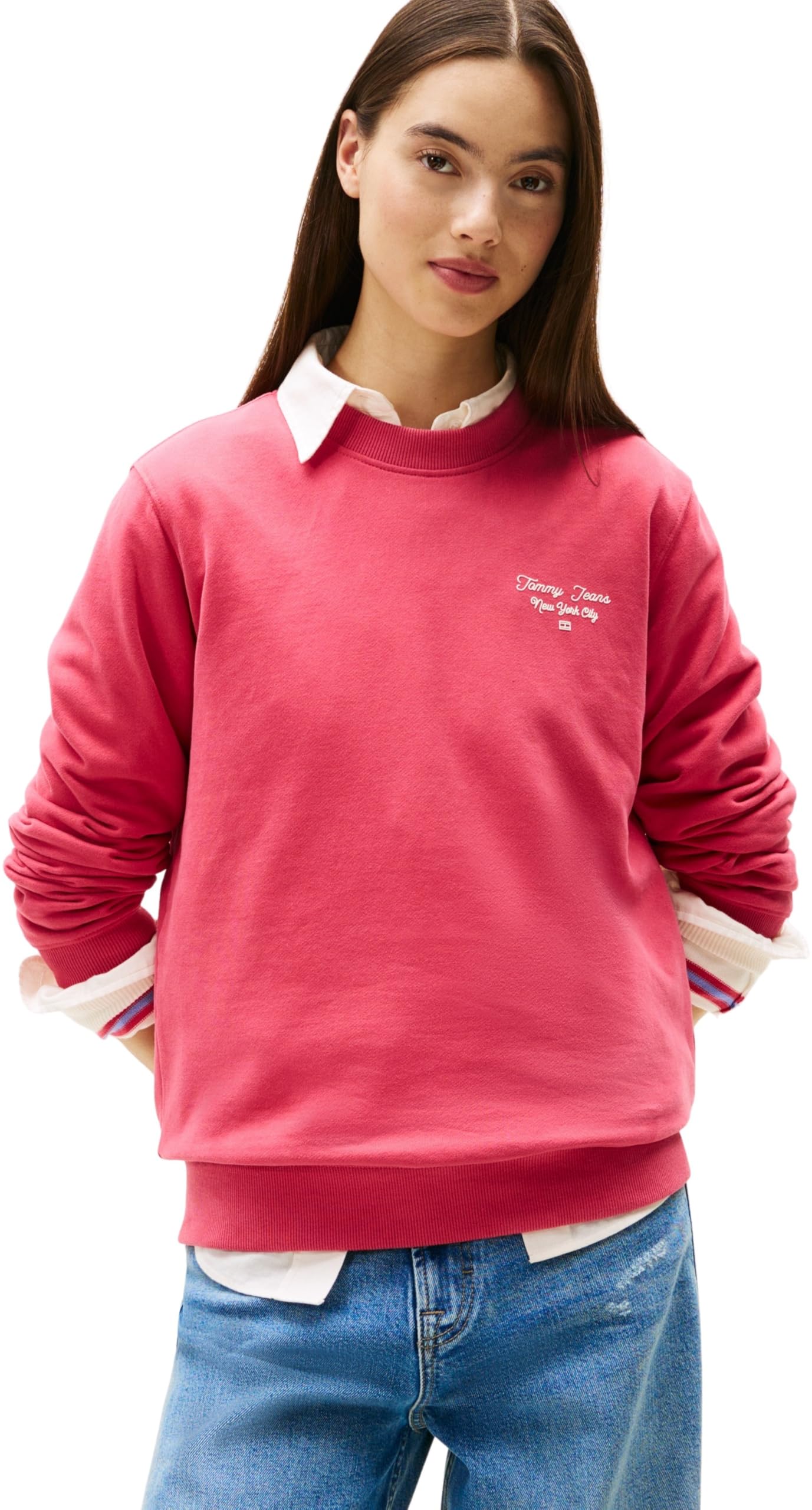 Tommy Jeans Donna Felpa Logo in Cotone, Rosso (Vintage Cerise), 1XL
