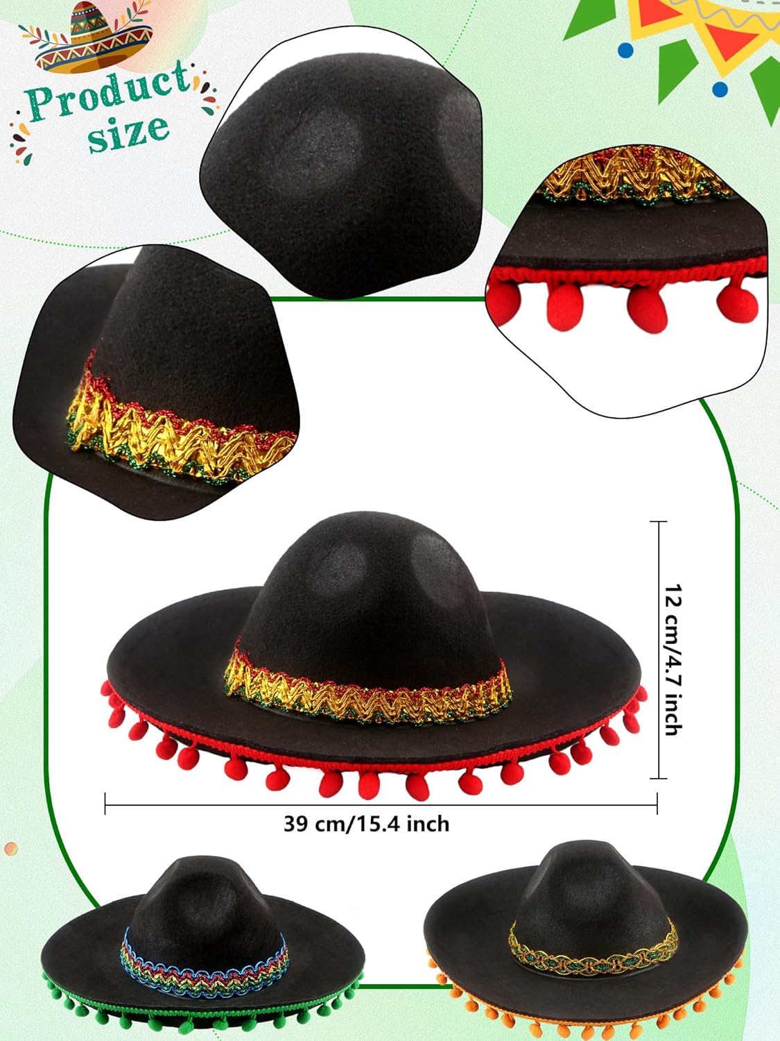 3 Pack Mexican Sombrero Hat Black Felt Fiesta Large Sombrero Hat with Ball Fringe for Fiesta Mexican theme Party Outfit Accessories - Image 2