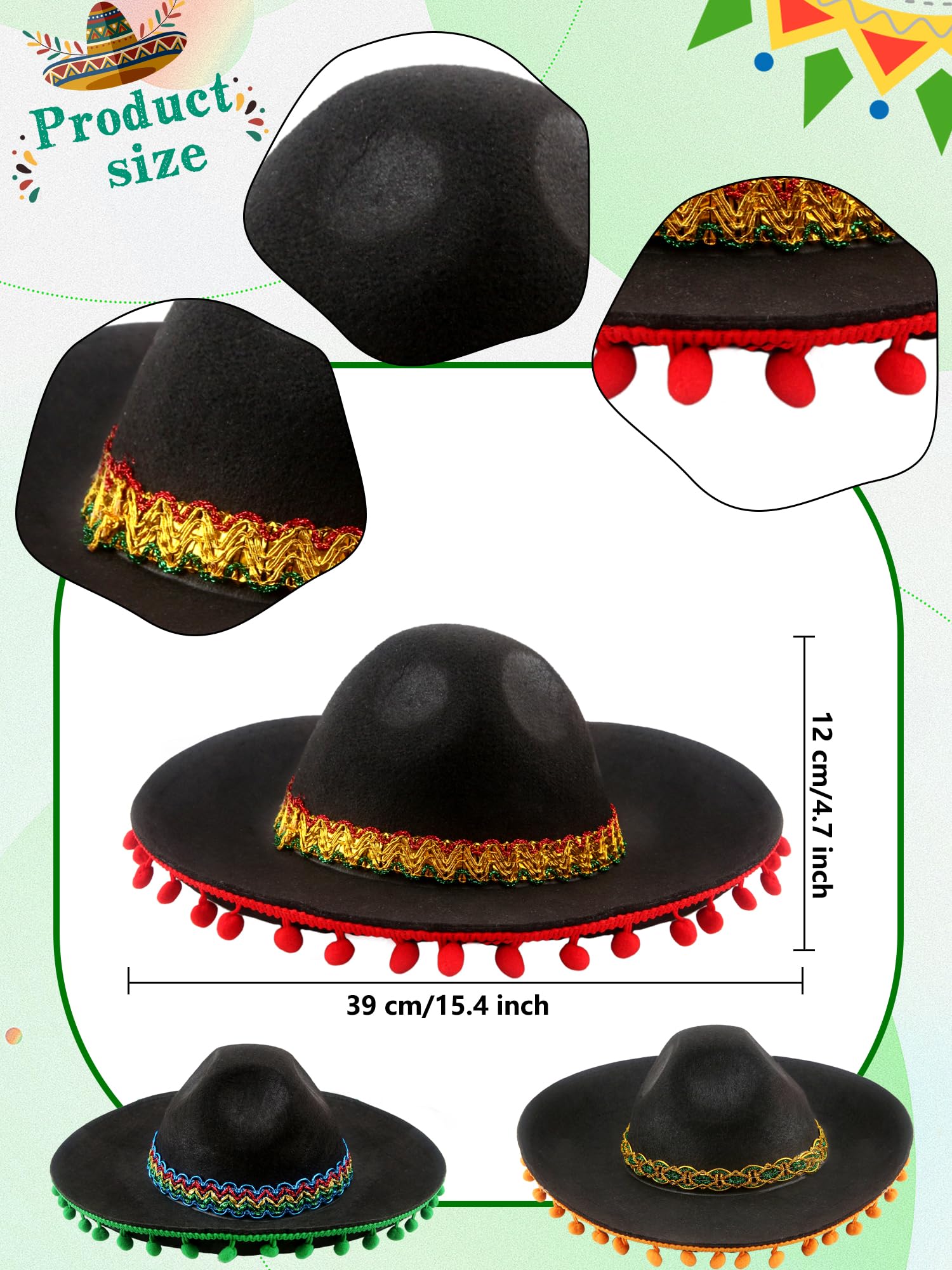 Cagemoga 3 Pack Mexican Sombrero Hat Black Felt Fiesta Large Sombrero Hat with Ball Fringe for Fiesta Mexican theme Party Outfit Accessories