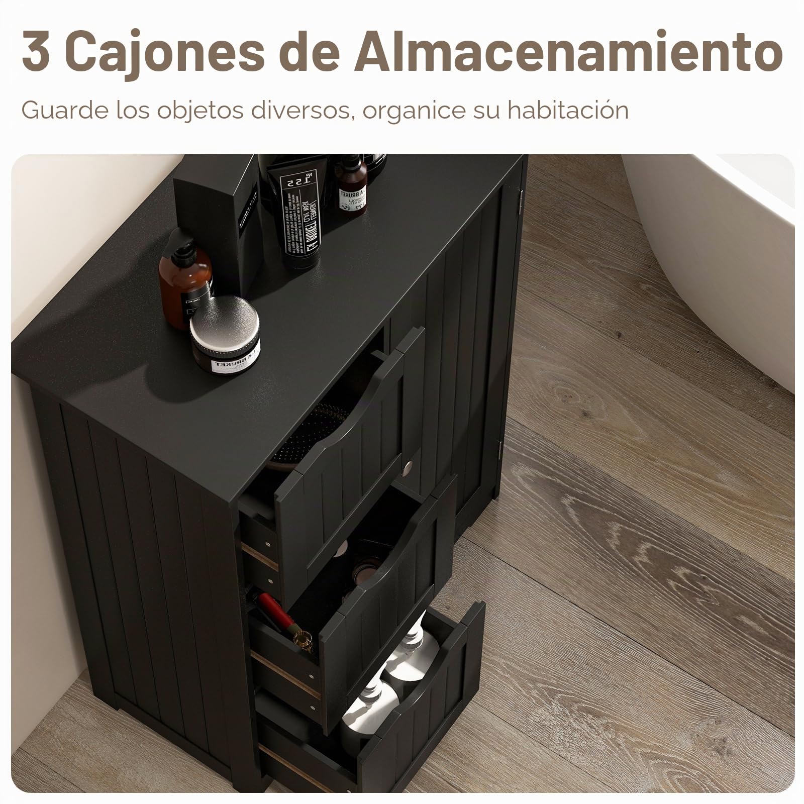 GOPLUS - Mueble de baño con 3 cajones, armario de almacenamiento con puerta magnética, antirrobos y estante ajustable, 58 x 28 x 81 cm, color negro