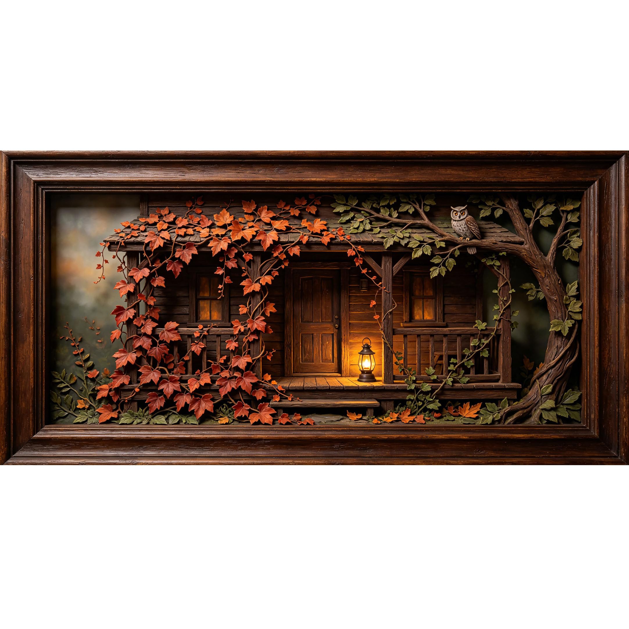 Agglomerix 3D Framed Wall Art Cabin Forest Owl Maple Vine Lantern Farmhouse Large Size Self-Adhesive Removable Wall Decor Prints Artwork for Living Room Bedroom Office