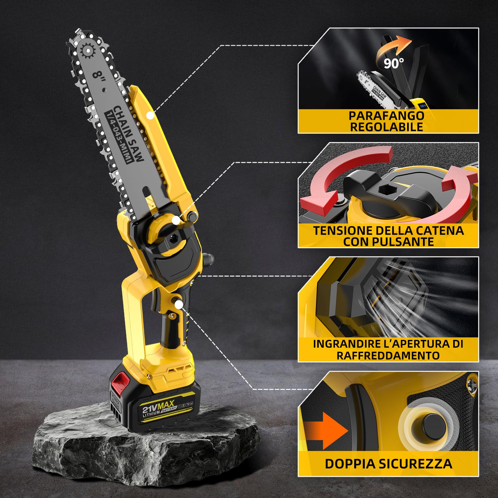 Mini motosega senza fili – Barre 8" e 6", lubrificazione automatica, catena di ricambio, motore brushless 1200W, 2 batterie 4000mAh – Per potatura alberi, giardinaggio e taglio legna