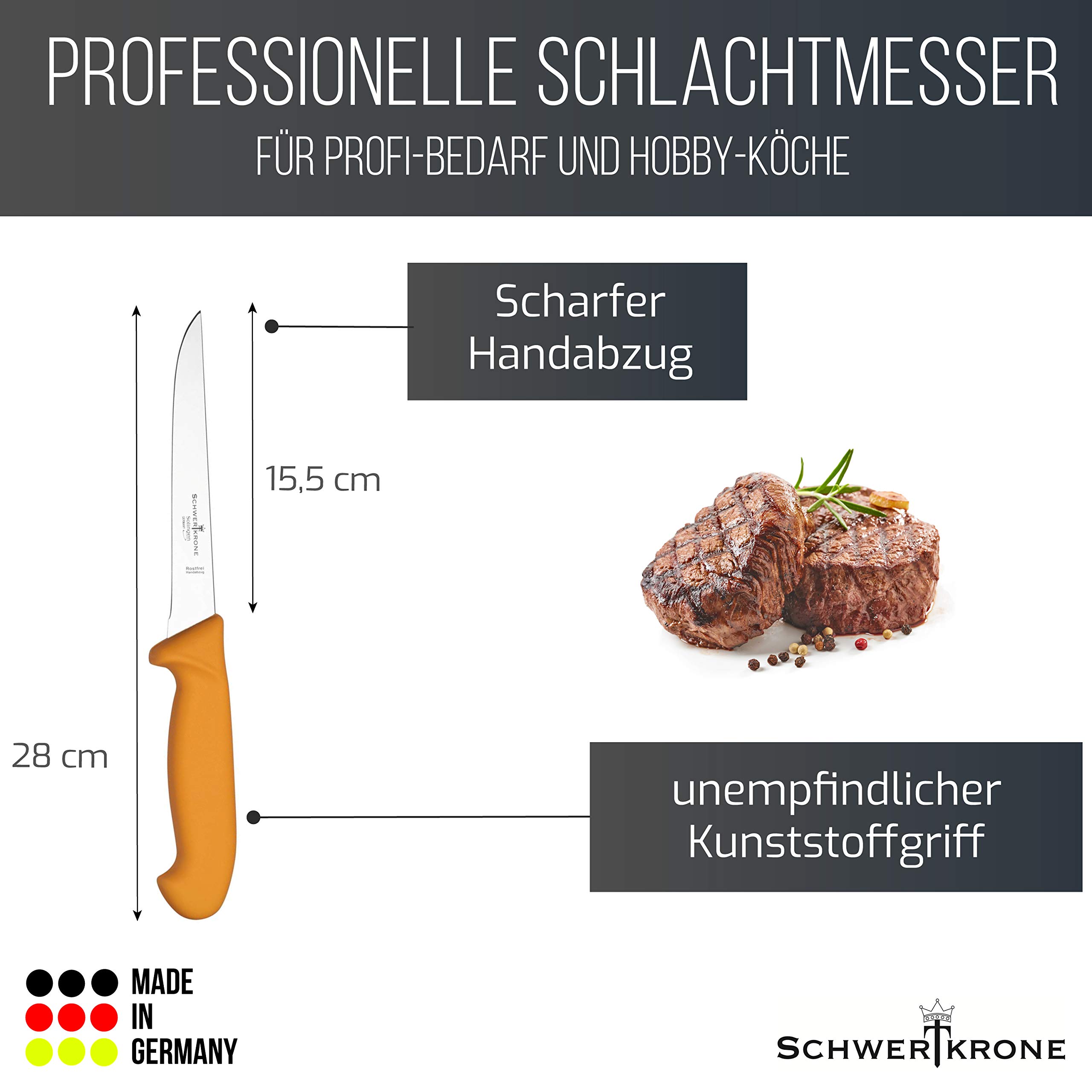 Schwertkrone Solingen - Coltello da Macellaio, Coltello da Disosso - Acciaio Inox, Lama Lucida - Semi-Flessibile e Dritto - Per macellai e cacciatori
