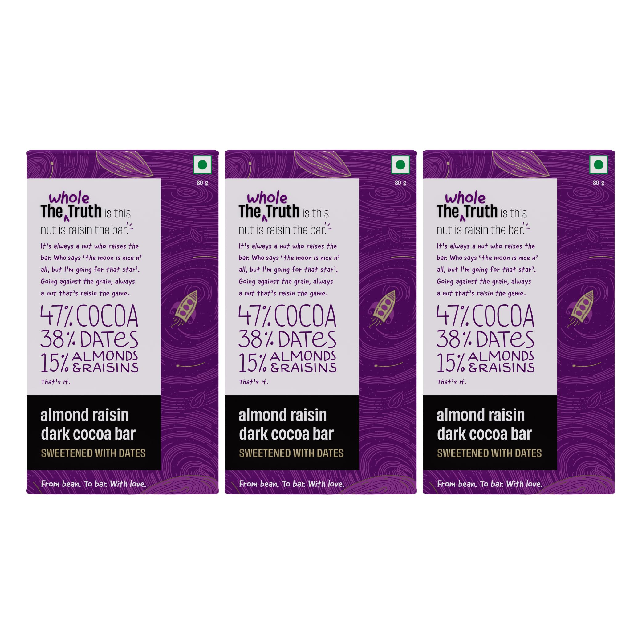 Dark Chocolate - Almond Raisin | Pack Of 3 X 80 Gram | No Added Sugar | Sweetened Only With Dates | 47% Cocoa, 38% Dates, 15% Almond And Raisins | No Artificial Flavours | Bean To Bar