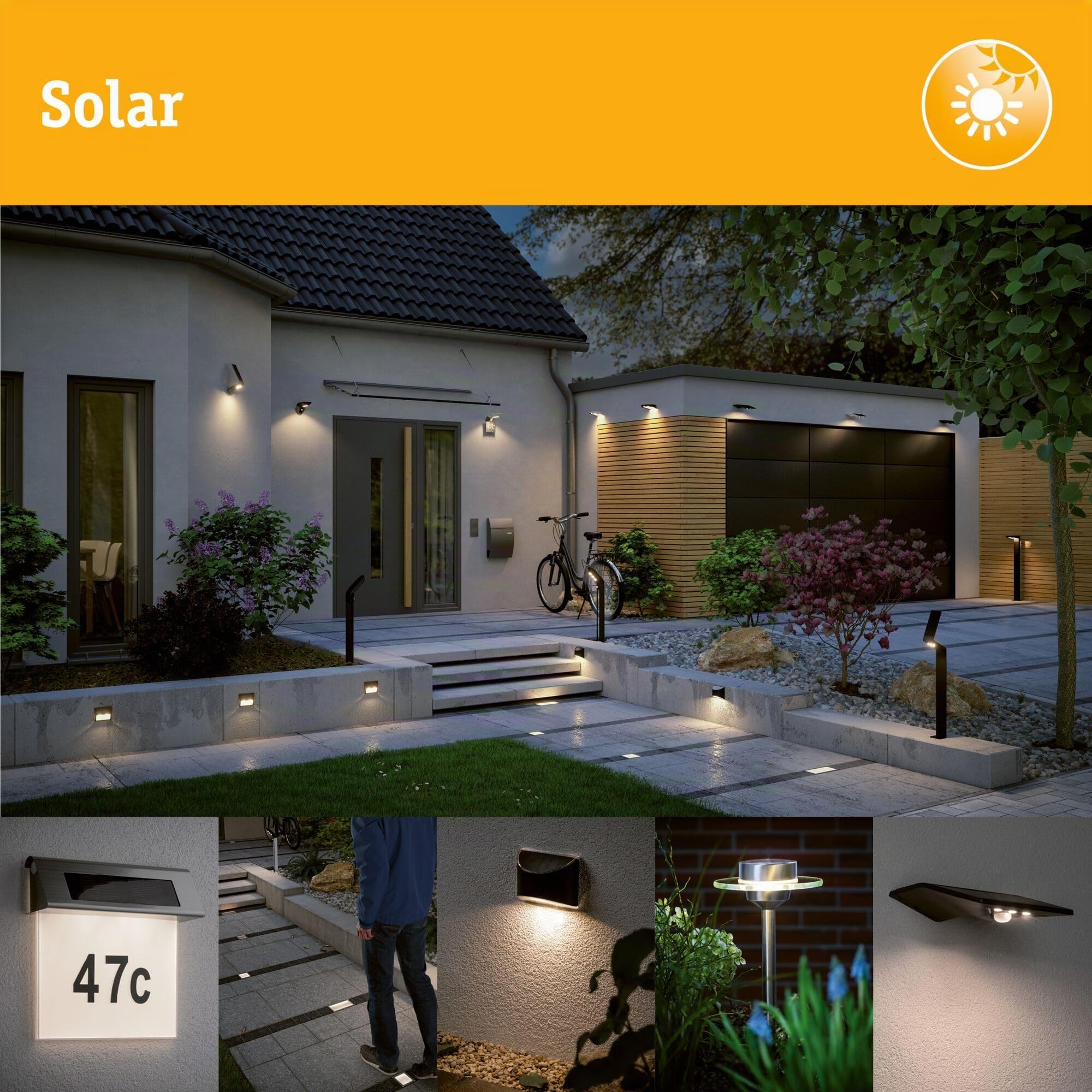 Paulmann 79843 Número de casa 2 LED Solar IP44, blanco cálido, batería intercambiable incl. 1x0,2 W, luminaria solar, negro, lámpara solar, plástico, luz solar 3000 K