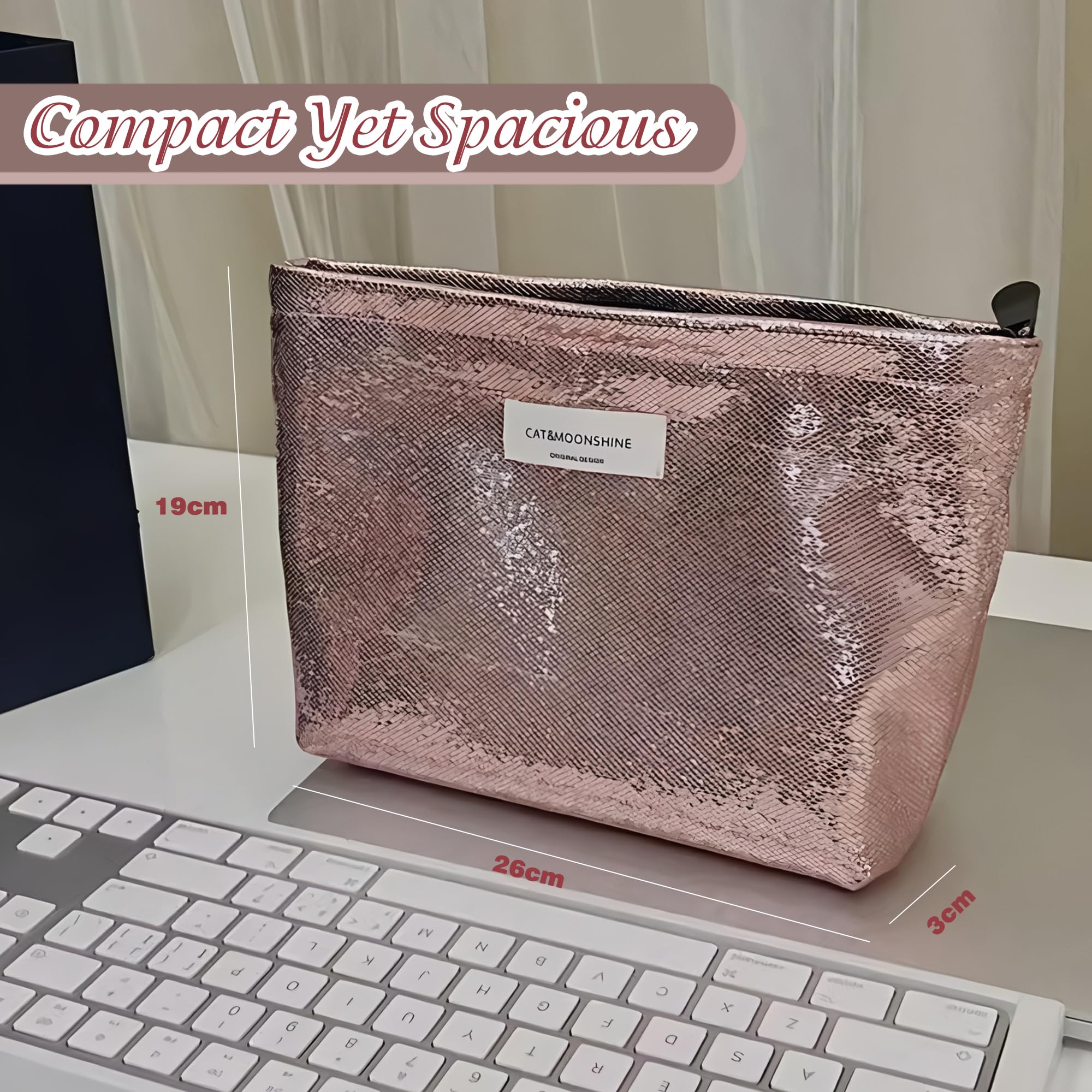 NICECONE Shiny Glitter Makeup Bag, Sparkly Bling Double Layer Cosmetic Bag with Zipper - Image 2