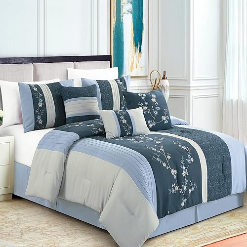 Miniatura 2 de Chezmoi Collection Linnea - Juego de edredón de lujo de 7 piezas con bordado floral de cerezo, azul marino, gris, tamaño Queen