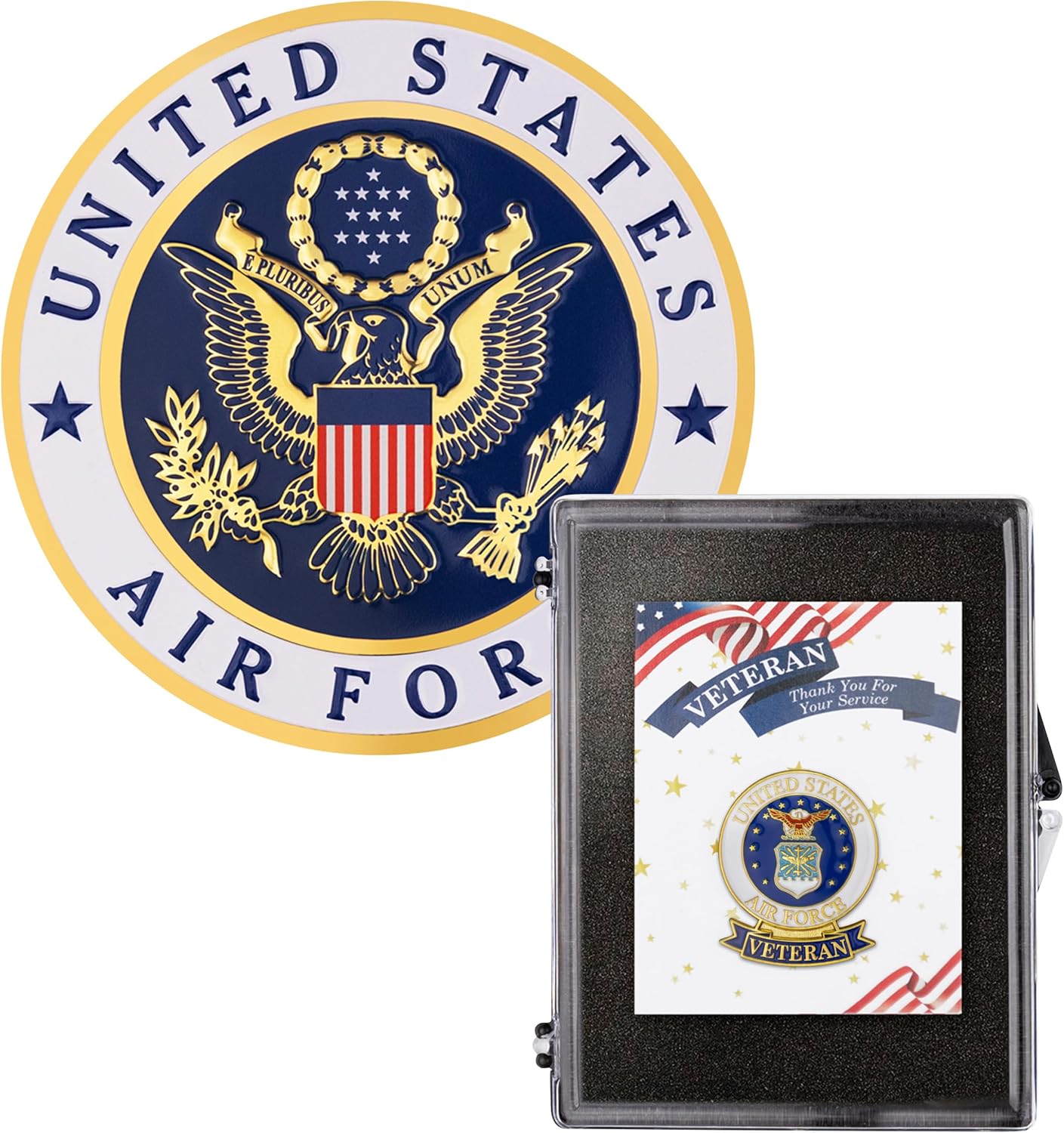 SHOP AWARDS AND GIFTS Military United States Gift Set, Includes A Deluxe 1-⅛ Inch Veteran Sash Ribbon Lapel Pin, 4 Inch Magnetic Decal Disc, Unisex Award and Gift, Multiple Branches