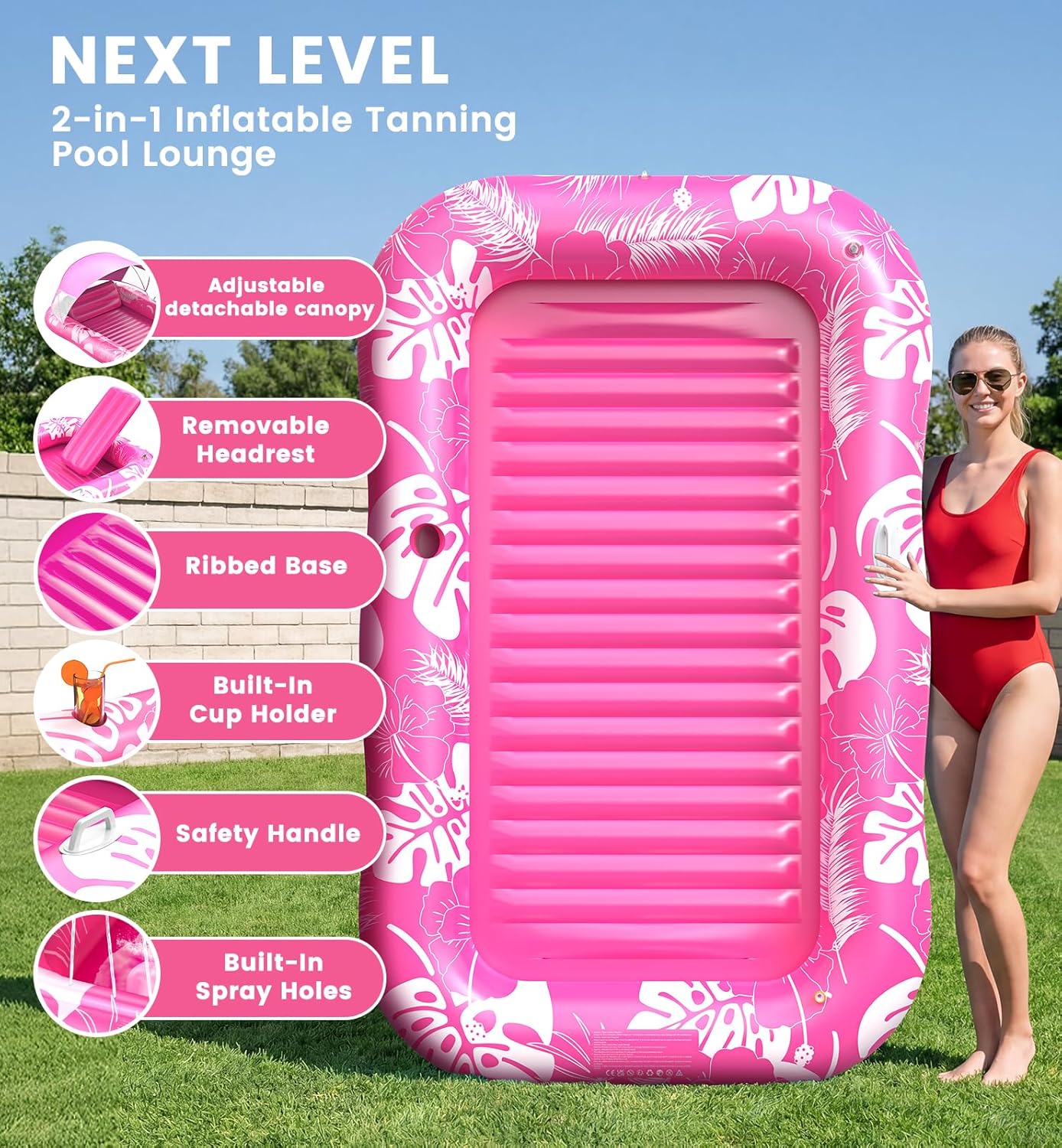 Inflatable Tanning Pool Lounger Float with Sprinkler & Canopy UPF50+, 77" x 48" Extra Large Tanning Pool Float for Adults, Sunbathing Water Lounge Bed with Pillow & Cup Holder for Backyard & Pool