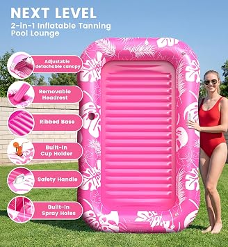 Inflatable Tanning Pool Lounger Float with Sprinkler & Canopy UPF50+, 77 x 48 Extra Large Tanning Pool Float for Adults, Sunbathing Water Lounge Bed with Pillow & Cup Holder for Backyard & Pool