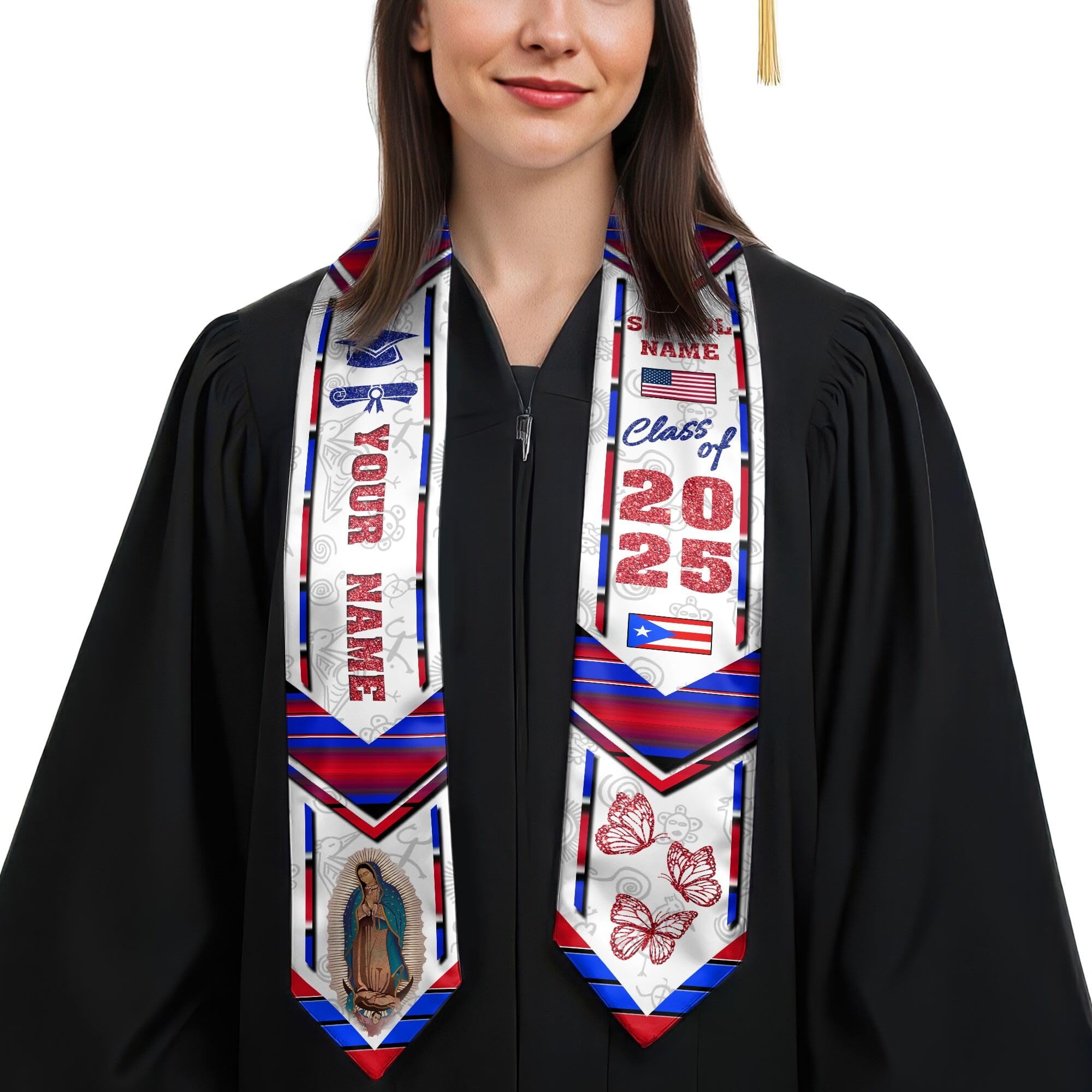 MonkeyVan Personalized Graduation Stole for Puerto Rican Senior, Puerto Rico Flag Graduation Sash Class of 2025 Gifts S172