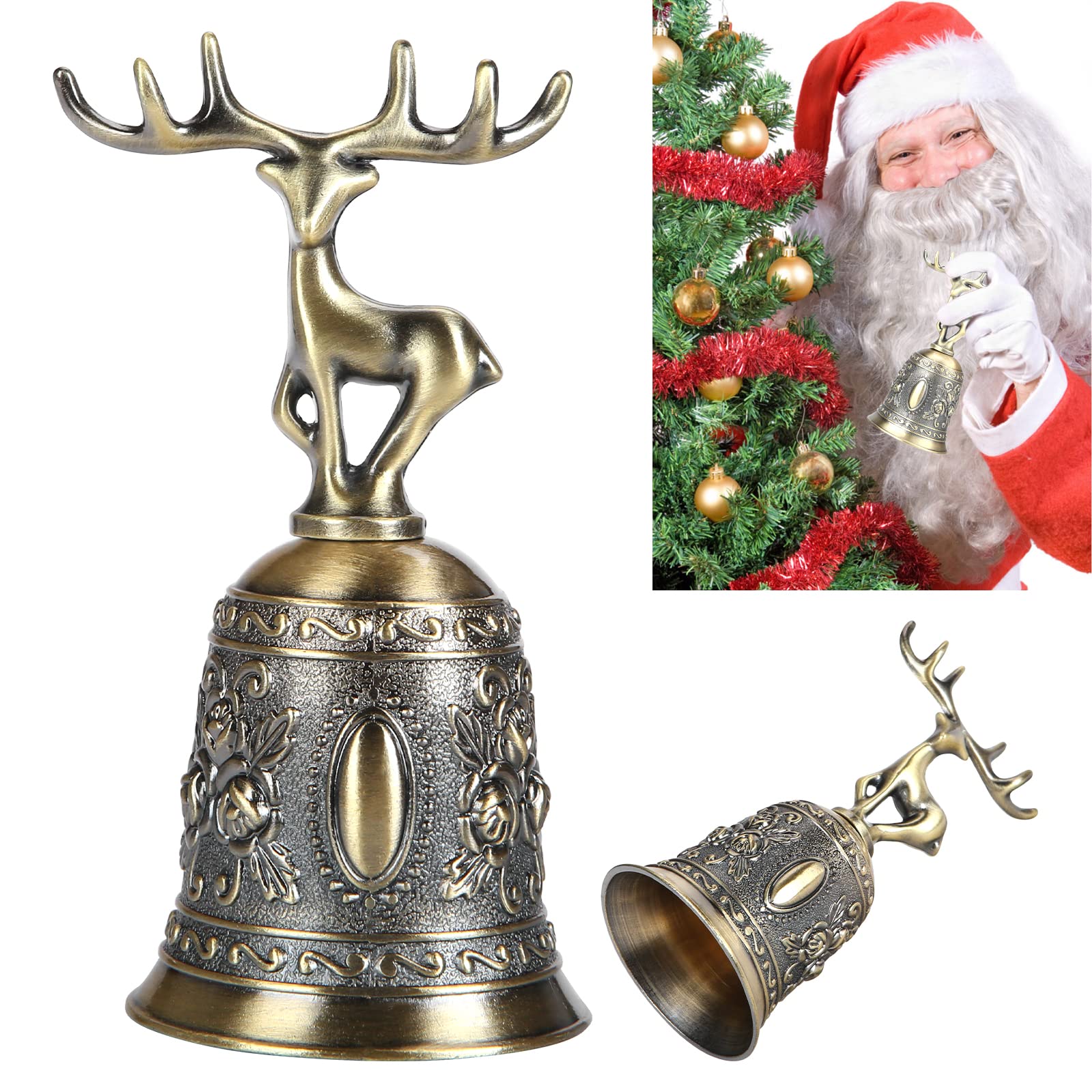 EKKONGChristmas Hand Bell, Traditional Vintage Gold Table Bell, Call Bell, Christmas Bell, Reception Bell for School, Dinner at Reception, Hotel Service, Meditation Prayer, Pets